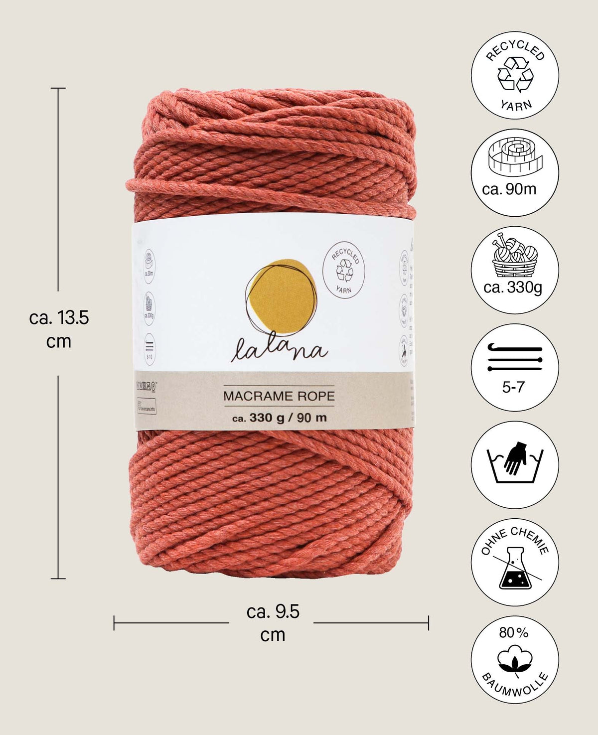 Macrame Rope rusty, Lalana Knüpfgarn für Makramee Projekte, Rostrot, 3 mm x ca. 90 m, ca. 330 g