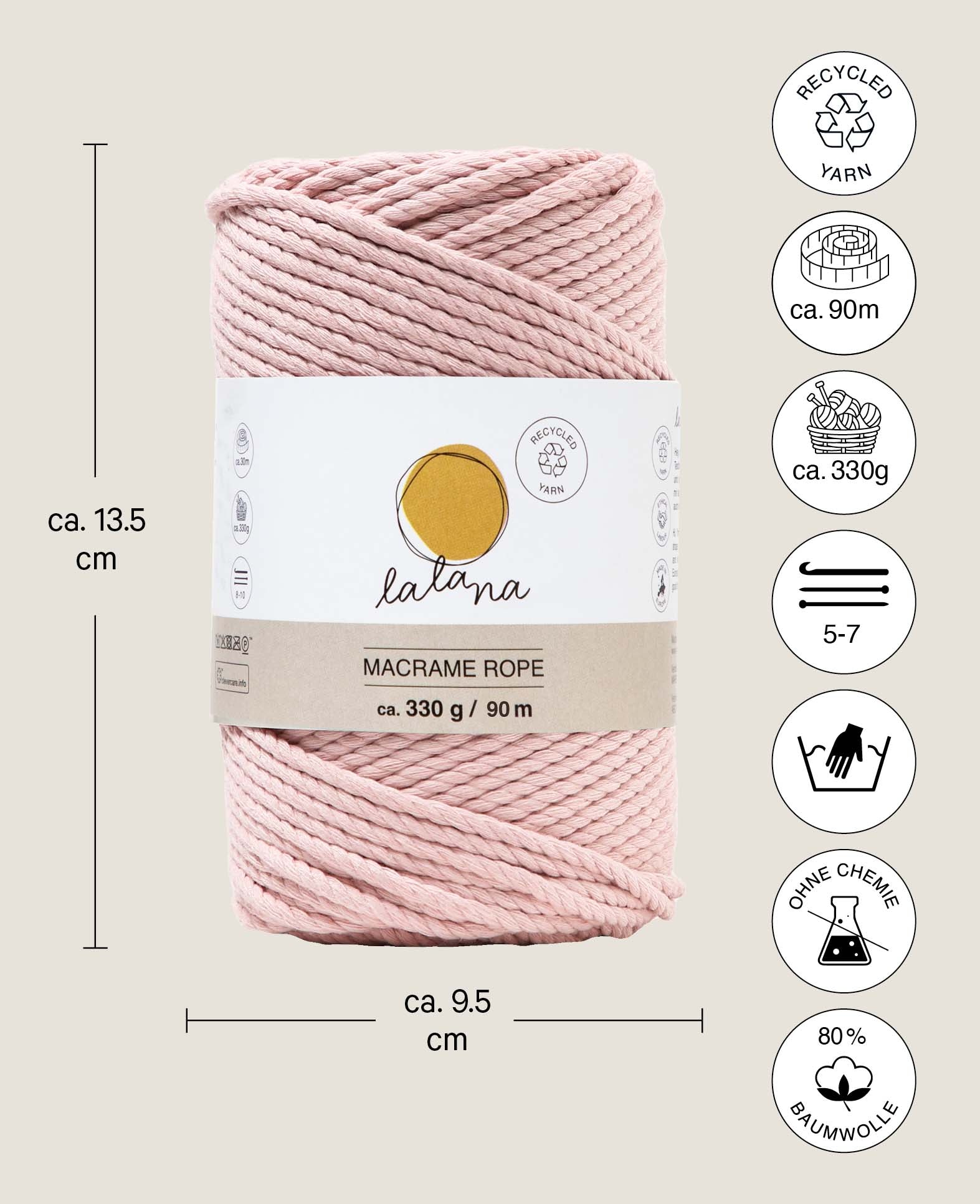Macrame Rope powder, Lalana Knüpfgarn für Makramee Projekte, Rosa, 3 mm x ca. 90 m, ca. 330 g