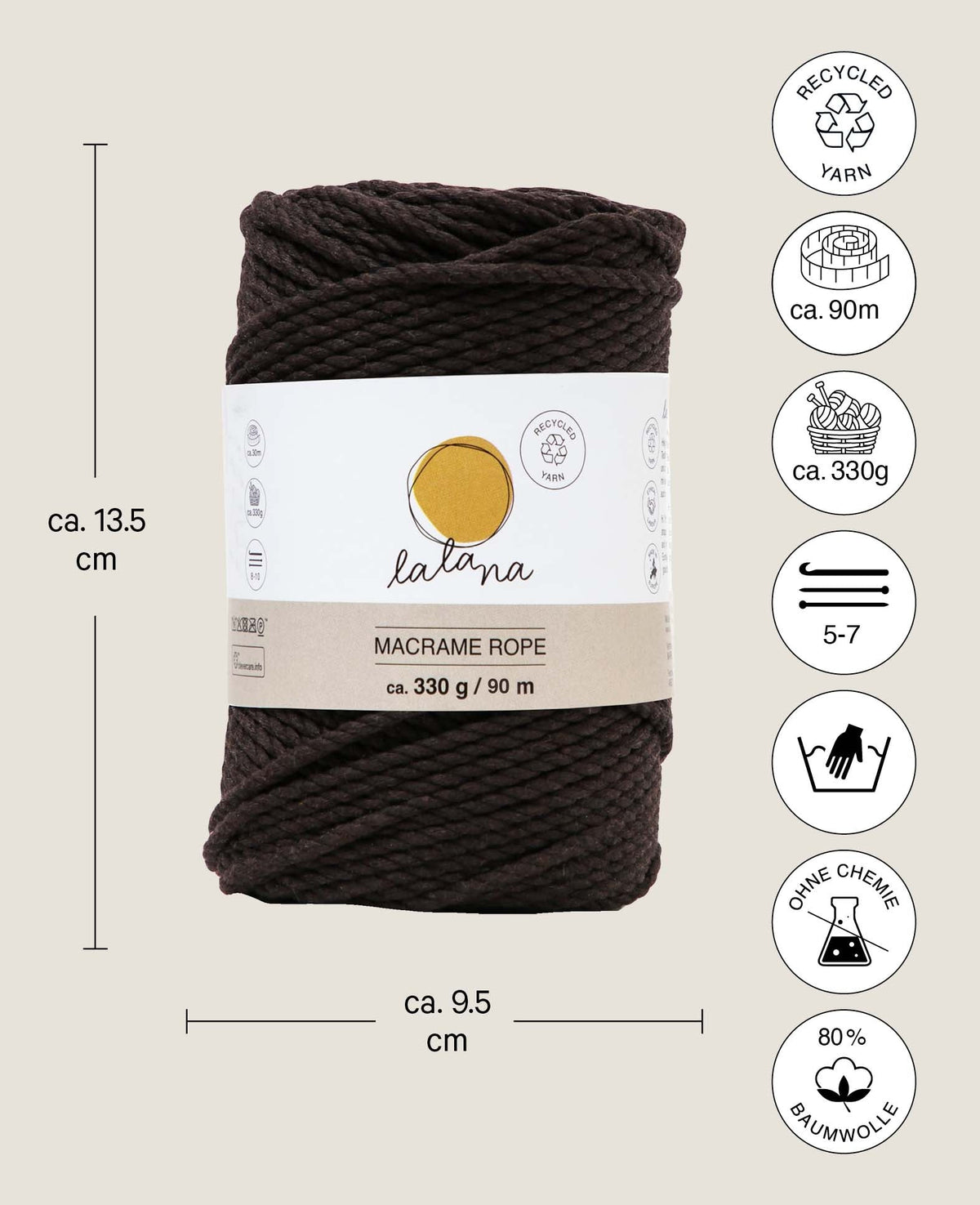 Corde macramé marron, fil à nouer Lalana pour projets macramé, marron, 3 mm x env. 90 m, env. 330 g