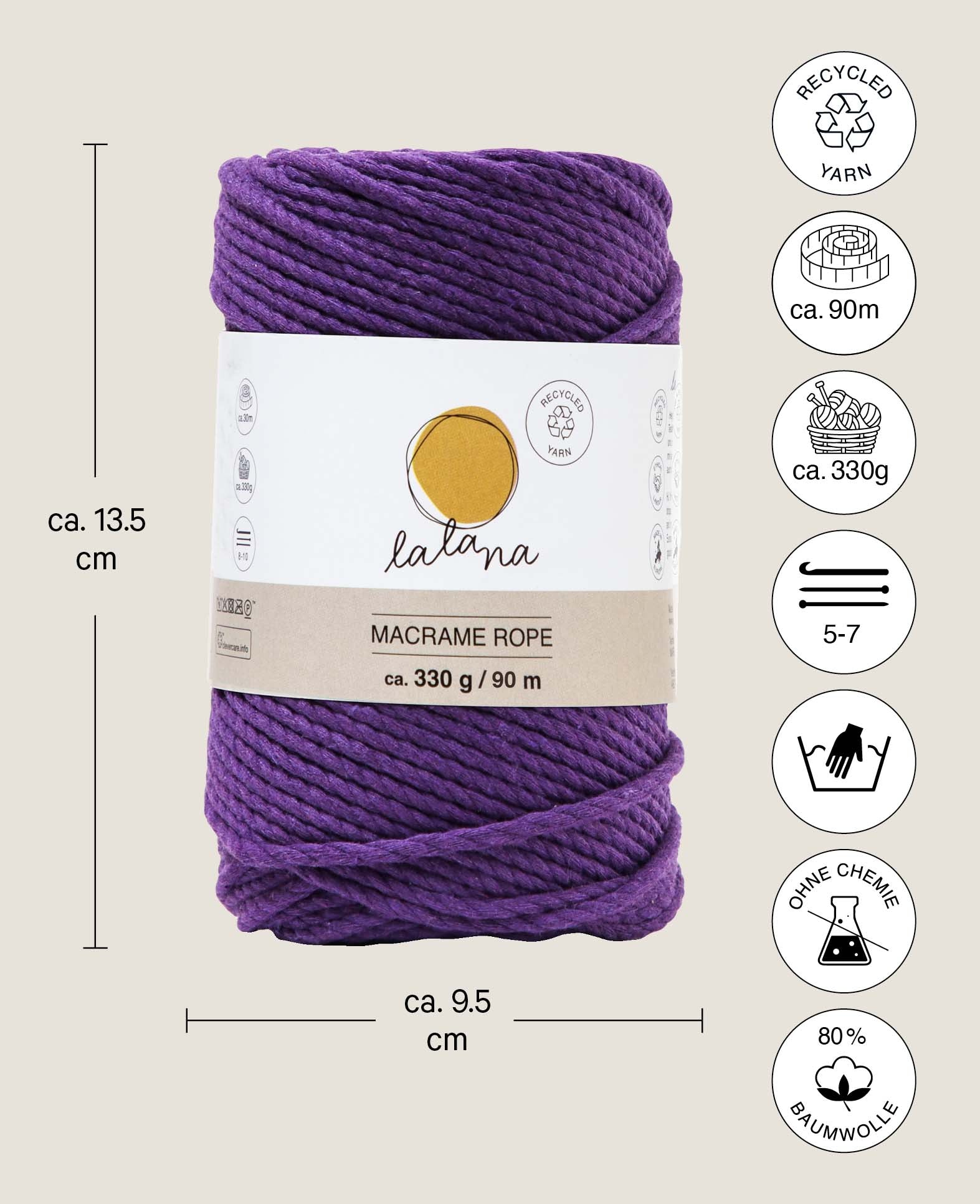 Macrame Rope mauve, Lalana Knüpfgarn für Makramee Projekte, Violett, 3 mm x ca. 90 m, ca. 330 g