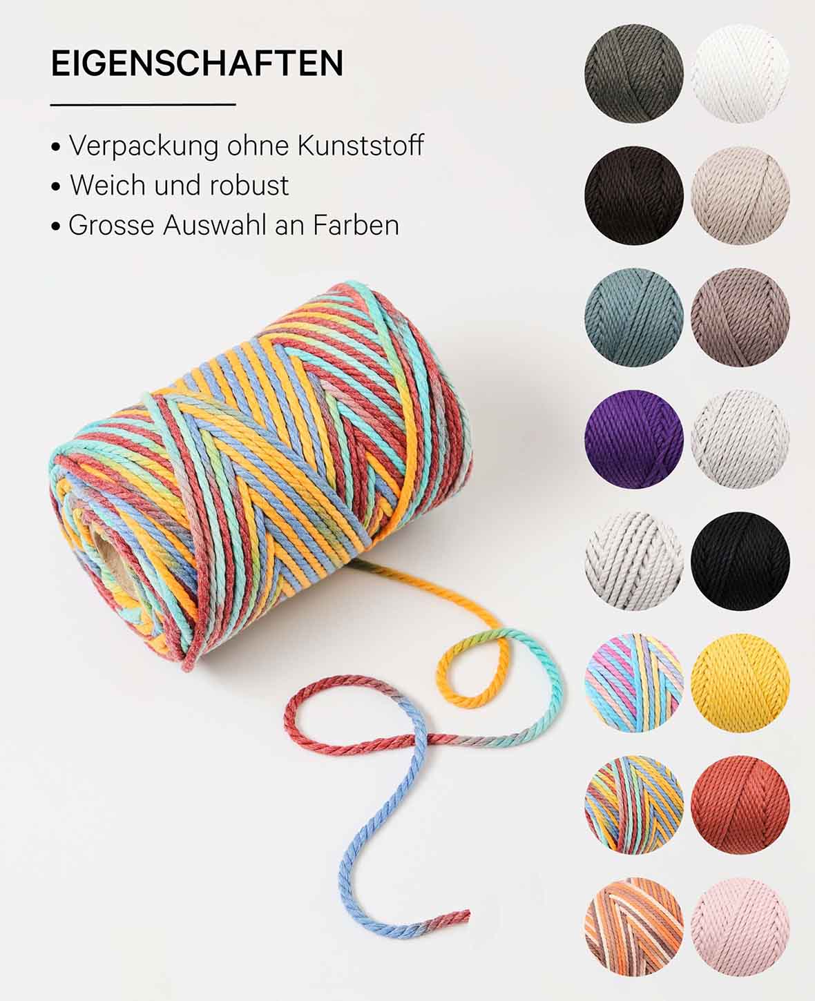 Lalana Macrame Rope Rainbow, knotting yarn, blue, ochre, turquoise, burgundy mix, 3 mm x approx. 90 m, approx. 330 g