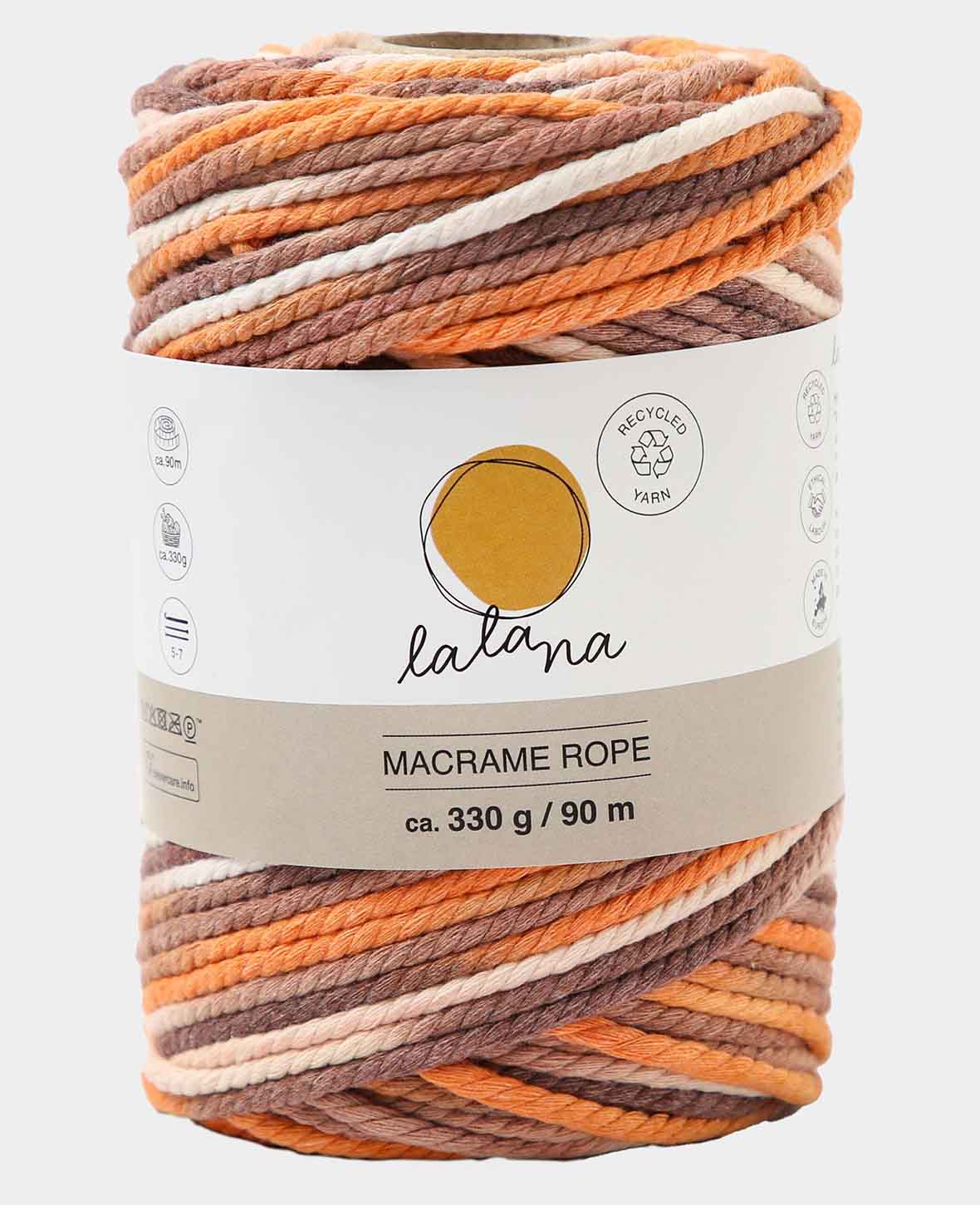 Lalana Macrame Rope Rainbow 3, beige, orange, braun Mix, 3 mm x ca. 90 m, ca. 330 g