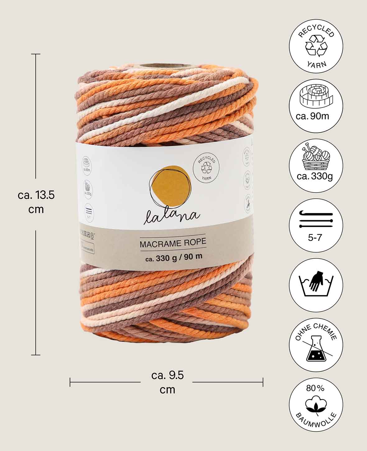 Lalana Macrame Rope Rainbow 3, beige, orange, braun Mix, 3 mm x ca. 90 m, ca. 330 g