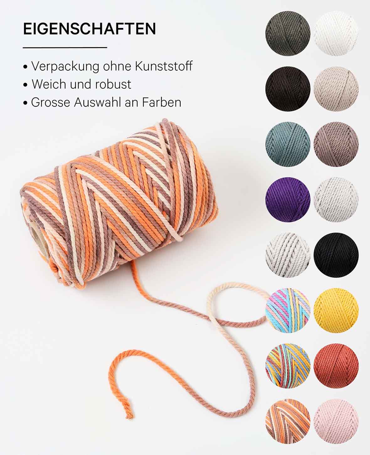 Lalana Macrame Rope Rainbow 3, beige, orange, braun Mix, 3 mm x ca. 90 m, ca. 330 g