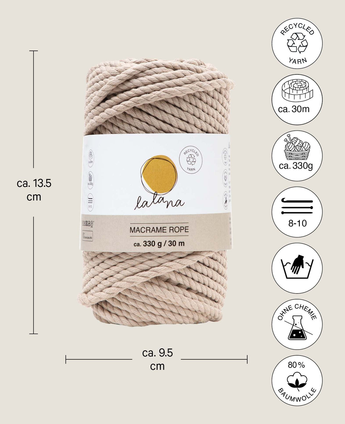 Macrame Rope beige, Lalana Knüpfgarn für Makramee Projekte, Beige, 5 mm x ca. 30 m, ca. 330 g
