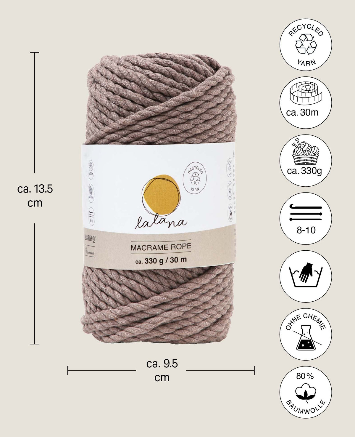 Macrame Rope coffee, Lalana Knüpfgarn für Makramee Projekte, Braun, 5 mm x ca. 30 m, ca. 330 g