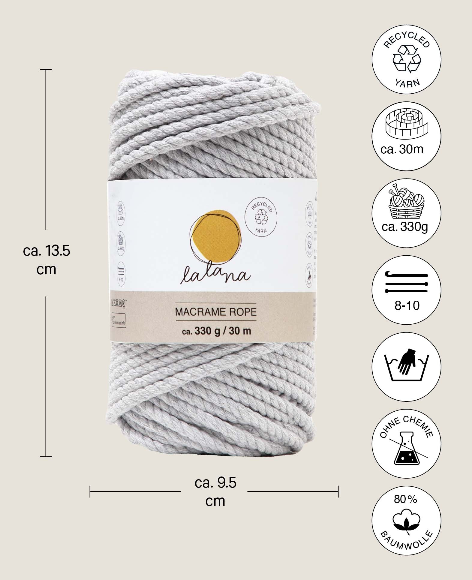 Corde macramé gris clair, fil Lalana pour projets macramé, gris clair, 5 mm x env. 30 m, env. 330 g