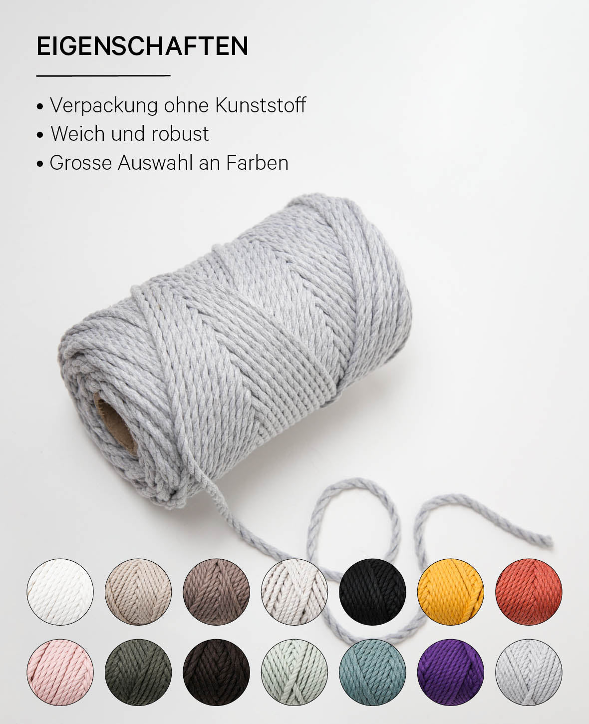 Corde macramé gris clair, fil Lalana pour projets macramé, gris clair, 5 mm x env. 30 m, env. 330 g