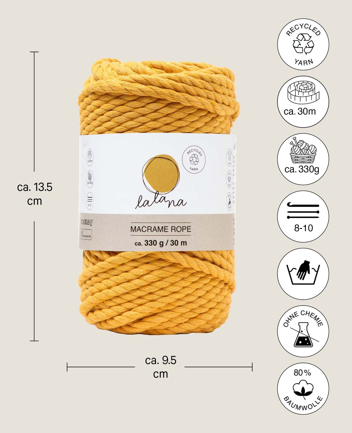 Macrame Rope mustard, Lalana Knüpfgarn für Makramee Projekte, Senfgelb, 5 mm x ca. 30 m, ca. 330 g