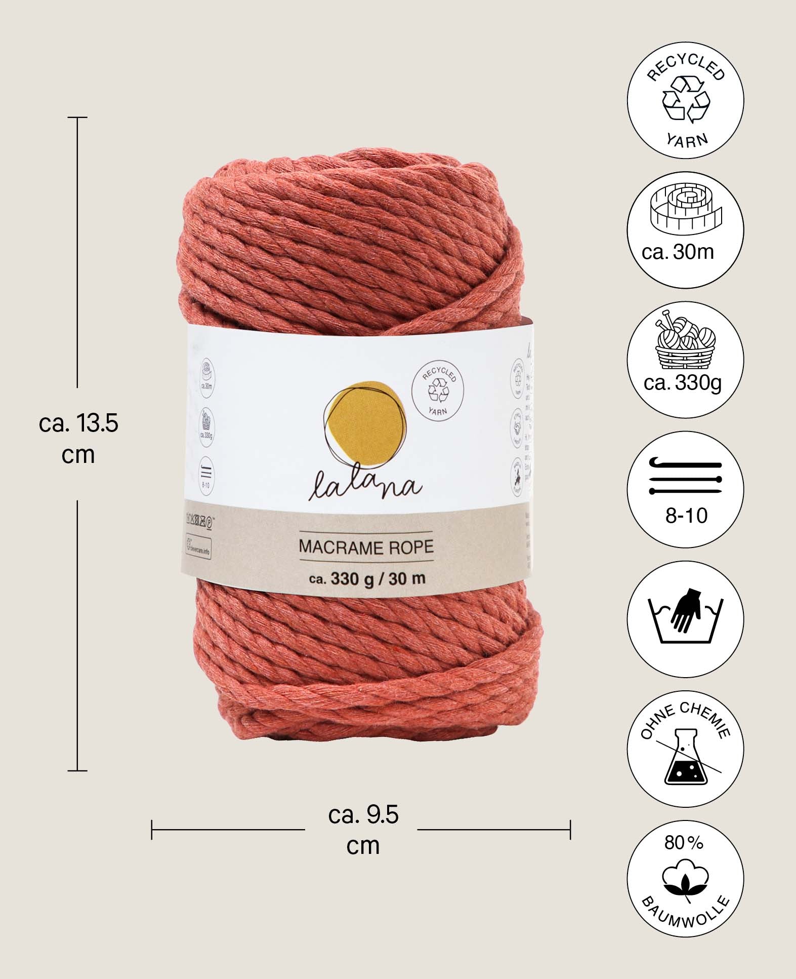 Macrame Rope rusty, Lalana Knüpfgarn für Makramee Projekte, Rostrot, 5 mm x ca. 30 m, ca. 330 g