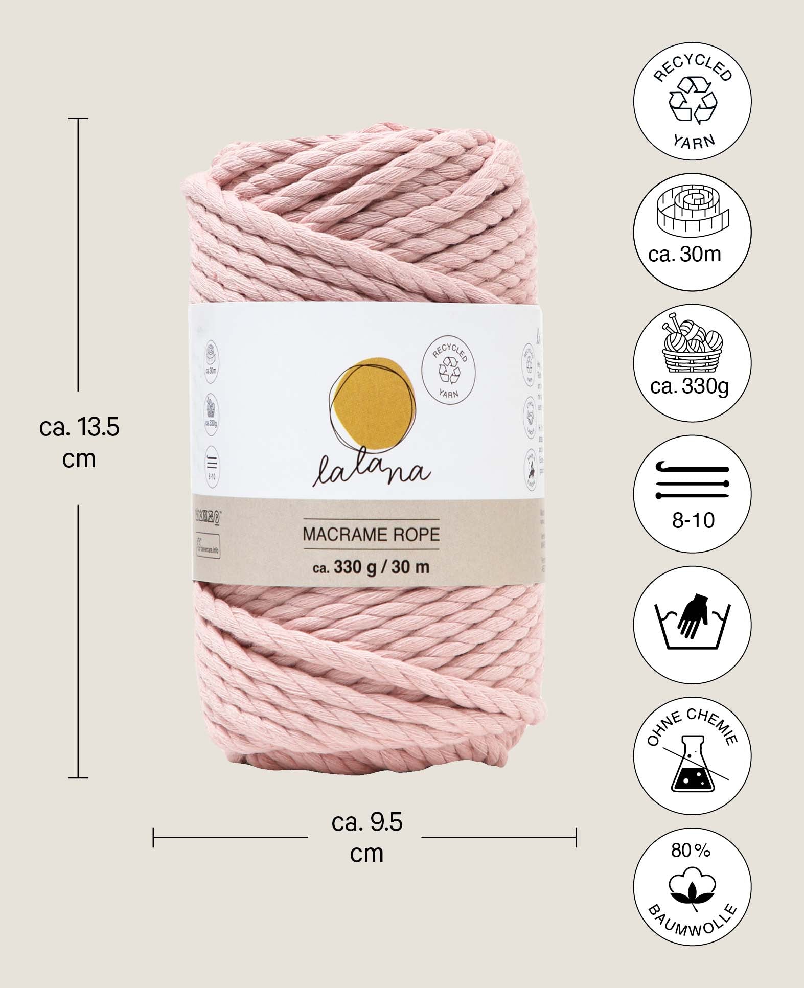 Macrame Rope powder, Lalana Knüpfgarn für Makramee Projekte, Rosa, 5 mm x ca. 30 m, ca. 330 g