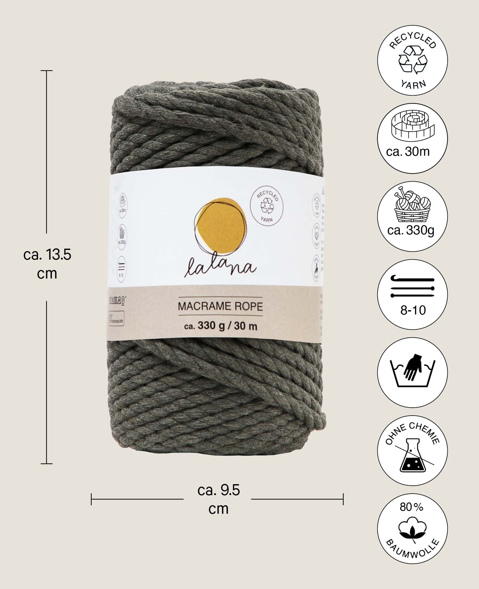 Corde macramé kaki, fil à tricoter Lalana pour projets macramé, couleur terre, 5 mm x environ 30 m, environ 330 g