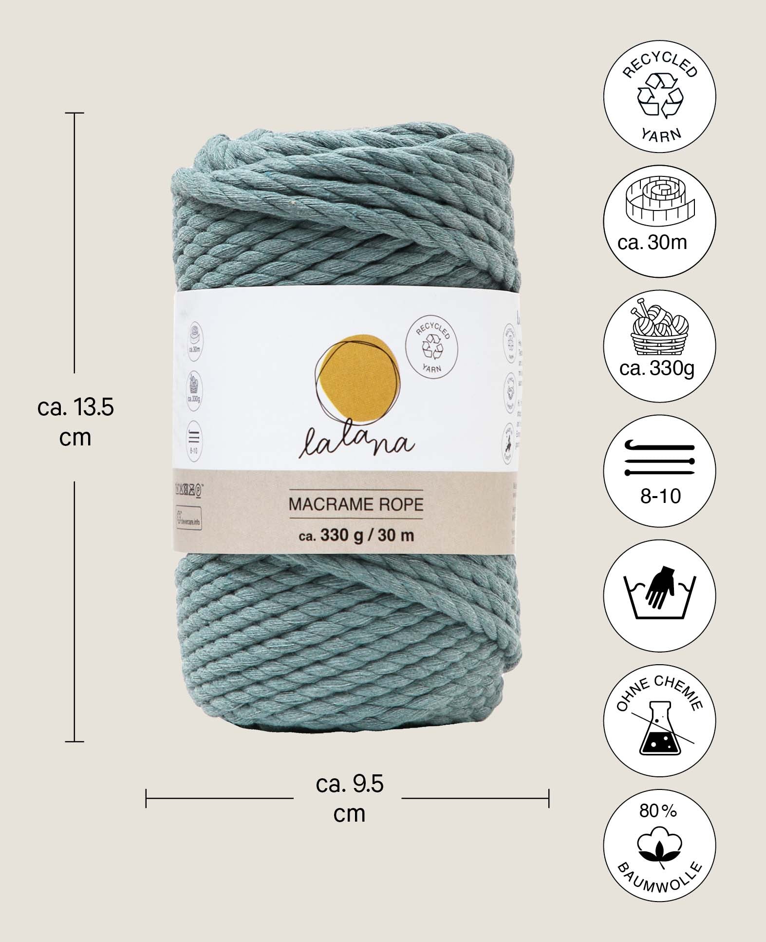 Macrame Rope Sage, Lalana Braiding Yarn for Macrame Projects, Gray Blue, 5 mm x approx. 30 m, approx. 330 g