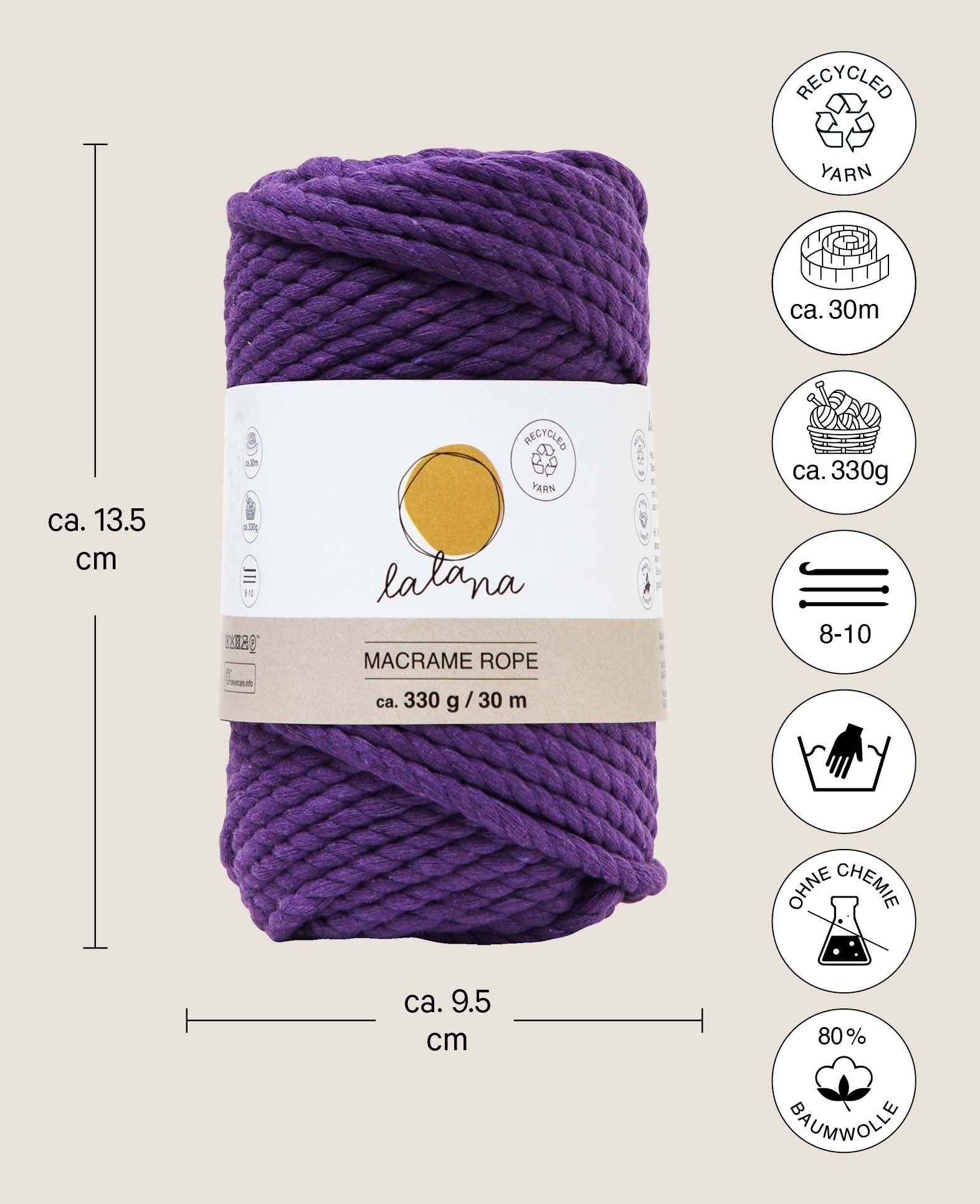 Corde macramé mauve, fil à nouer Lalana pour projets macramé, violet, 5 mm x env. 30 m, env. 330 g