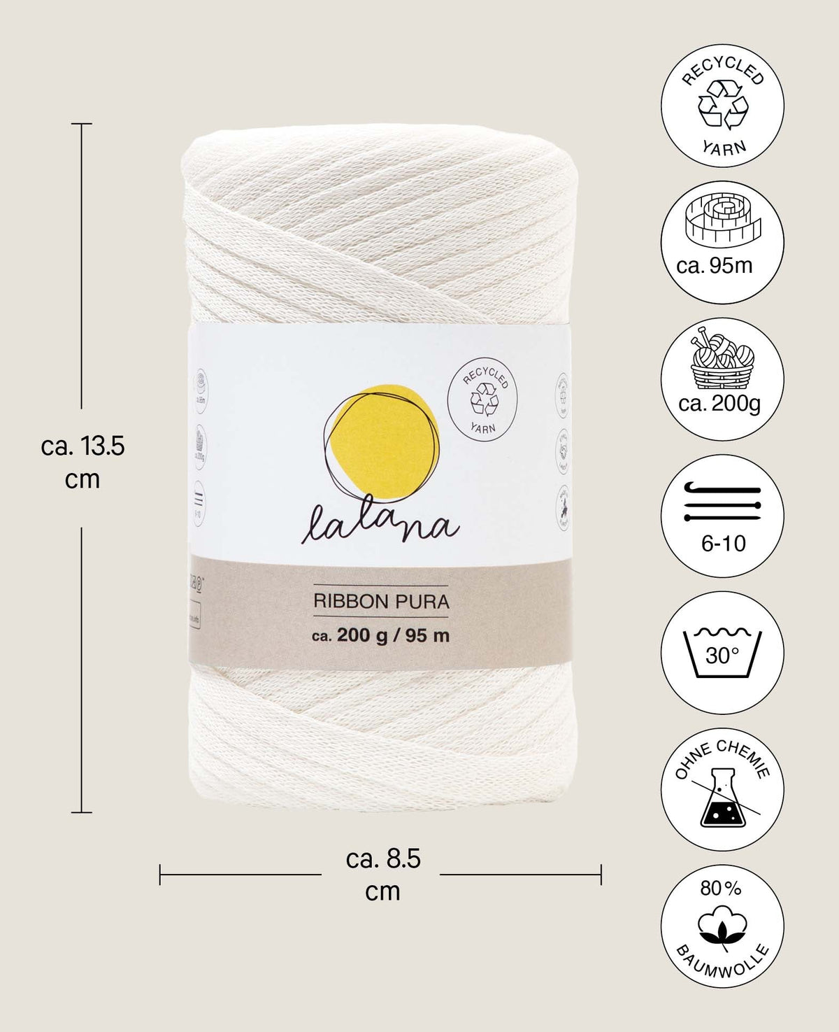 Ribbon Pura cream, Lalana ribbon yarn for crochet, knitting, knotting & macrame projects, cream color, approx. 8 x 1 mm x 95 m, approx. 200 g