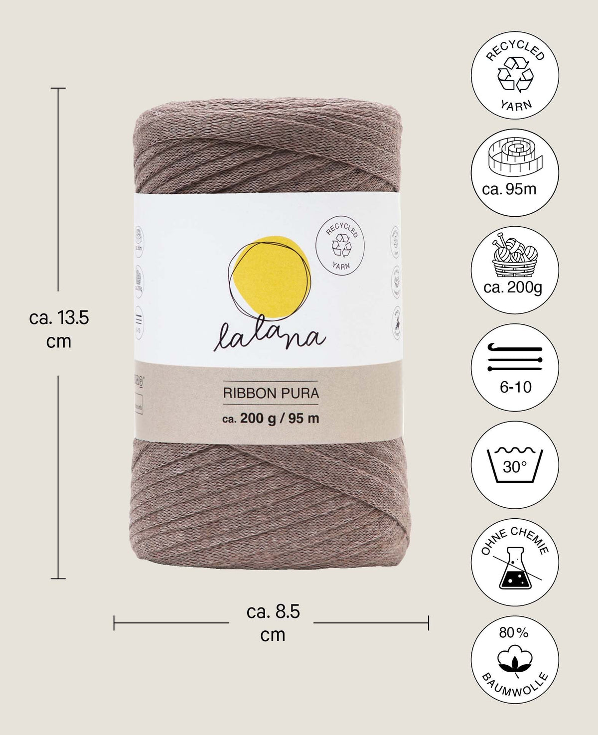 Ruban Pura Coffee, fil plat pour le crochet, le tricot, le nouage et les projets de macramé, marron, environ 8 x 1 mm x 95 m, environ 200 g