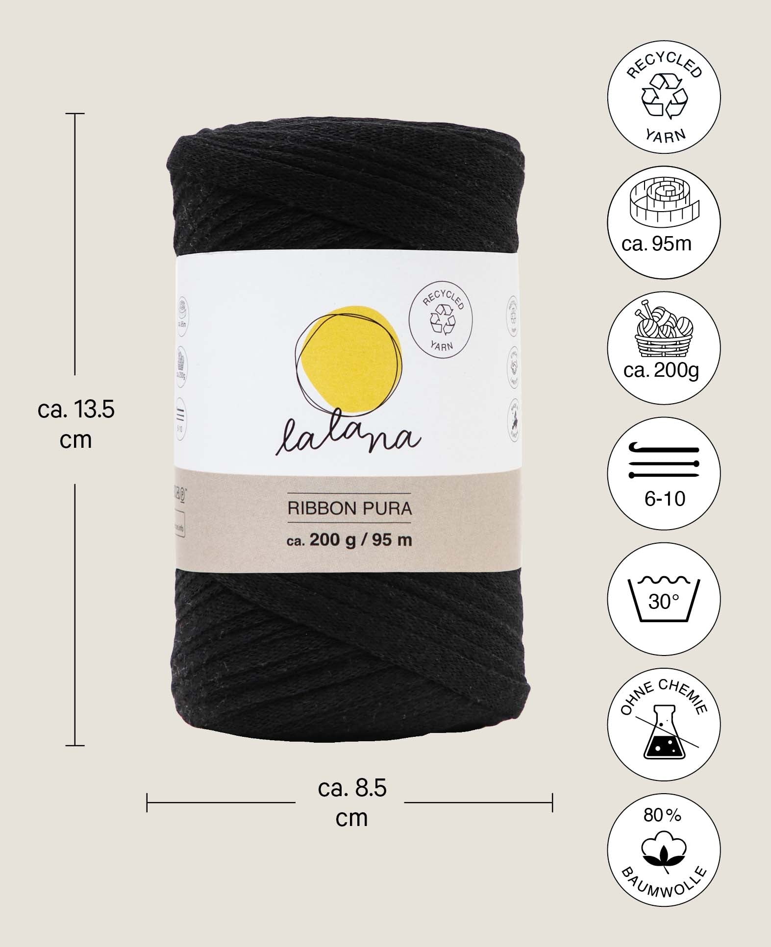 Ribbon Pura black, Lalana Bandgarn zum Häkeln, Stricken, Knüpfen & Makramee Projekte, Schwarz, ca. 8 x 1 mm x 95 m, ca. 200 g