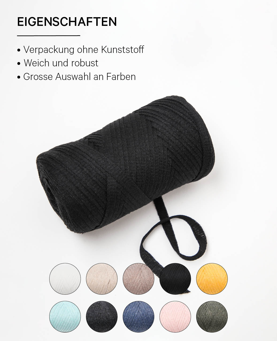 Ribbon Pura black, Lalana Bandgarn zum Häkeln, Stricken, Knüpfen & Makramee Projekte, Schwarz, ca. 8 x 1 mm x 95 m, ca. 200 g