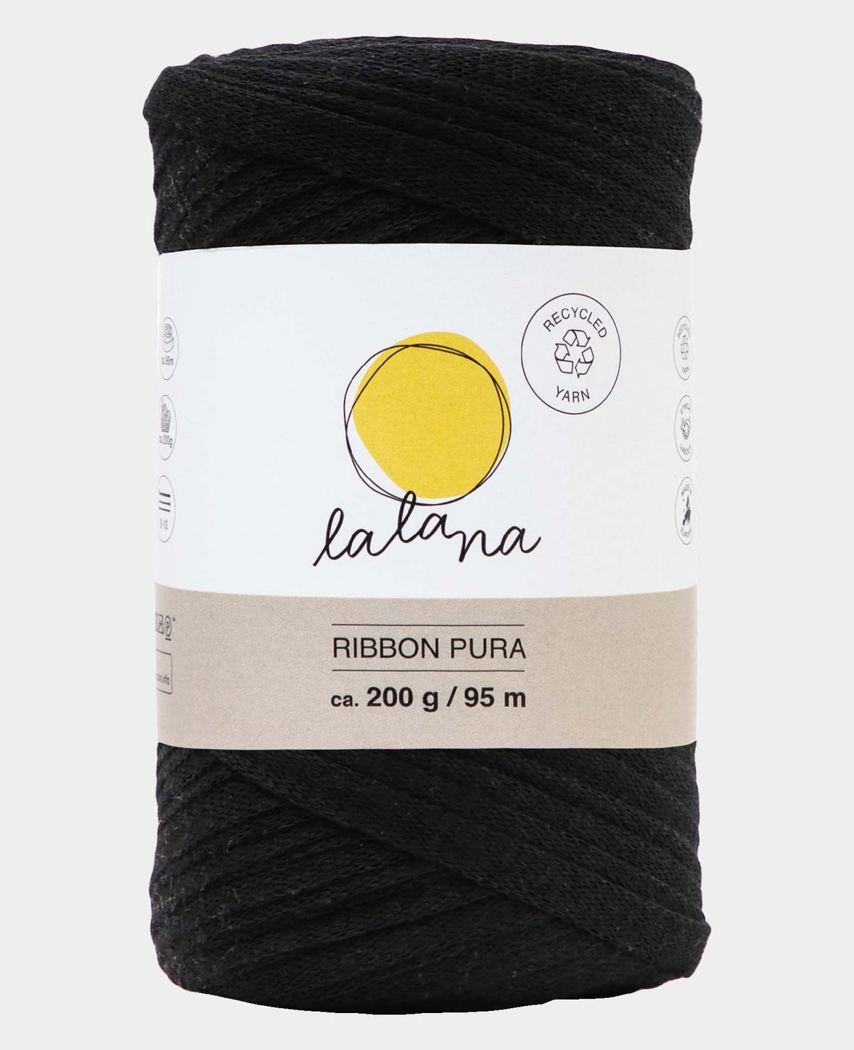 Ribbon Pura black, Lalana Bandgarn zum Häkeln, Stricken, Knüpfen & Makramee Projekte, Schwarz, ca. 8 x 1 mm x 95 m, ca. 200 g