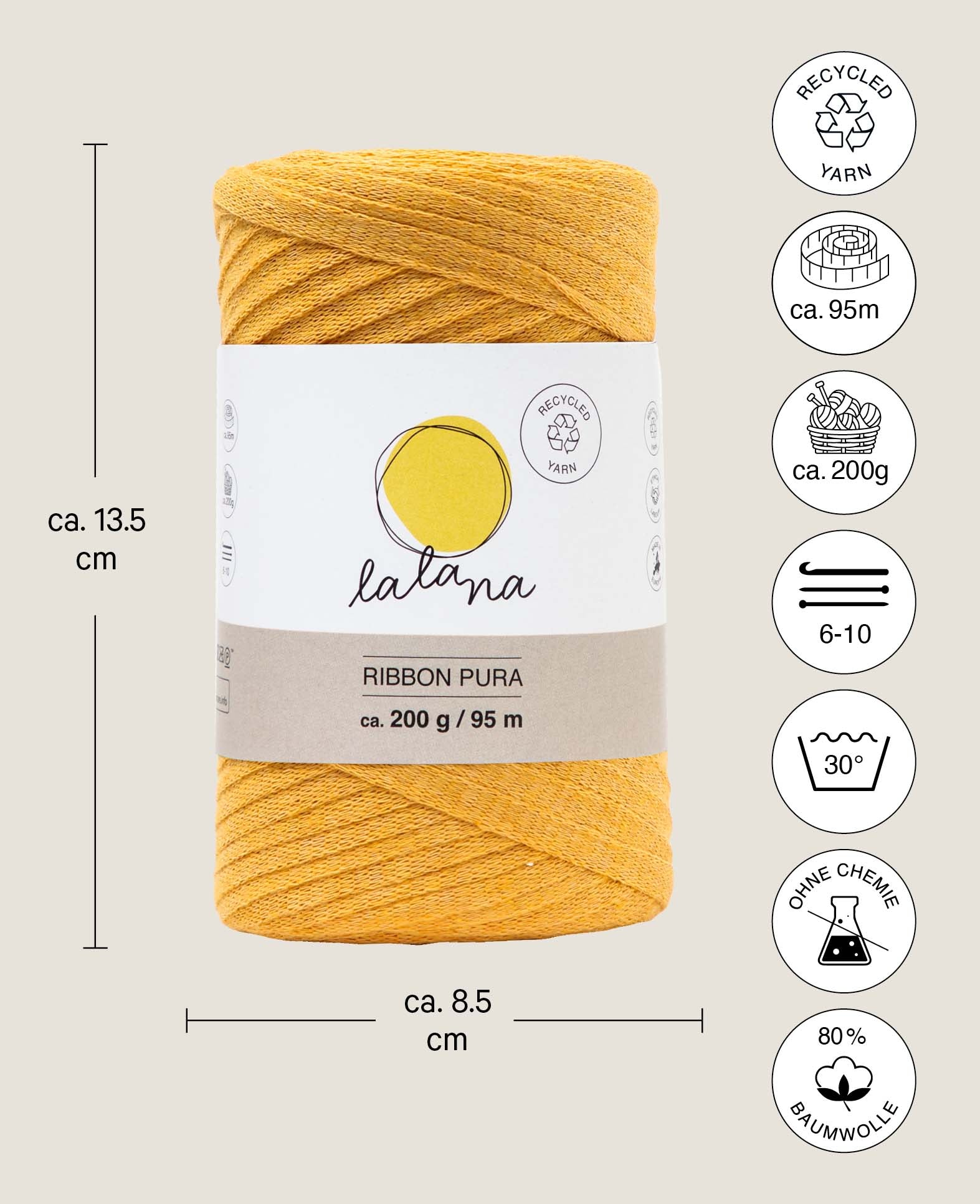Ribbon Pura mustard, Lalana Bandgarn zum Häkeln, Stricken, Knüpfen & Makramee Projekte, Senfgelb, ca. 8 x 1 mm x 95 m, ca. 200 g