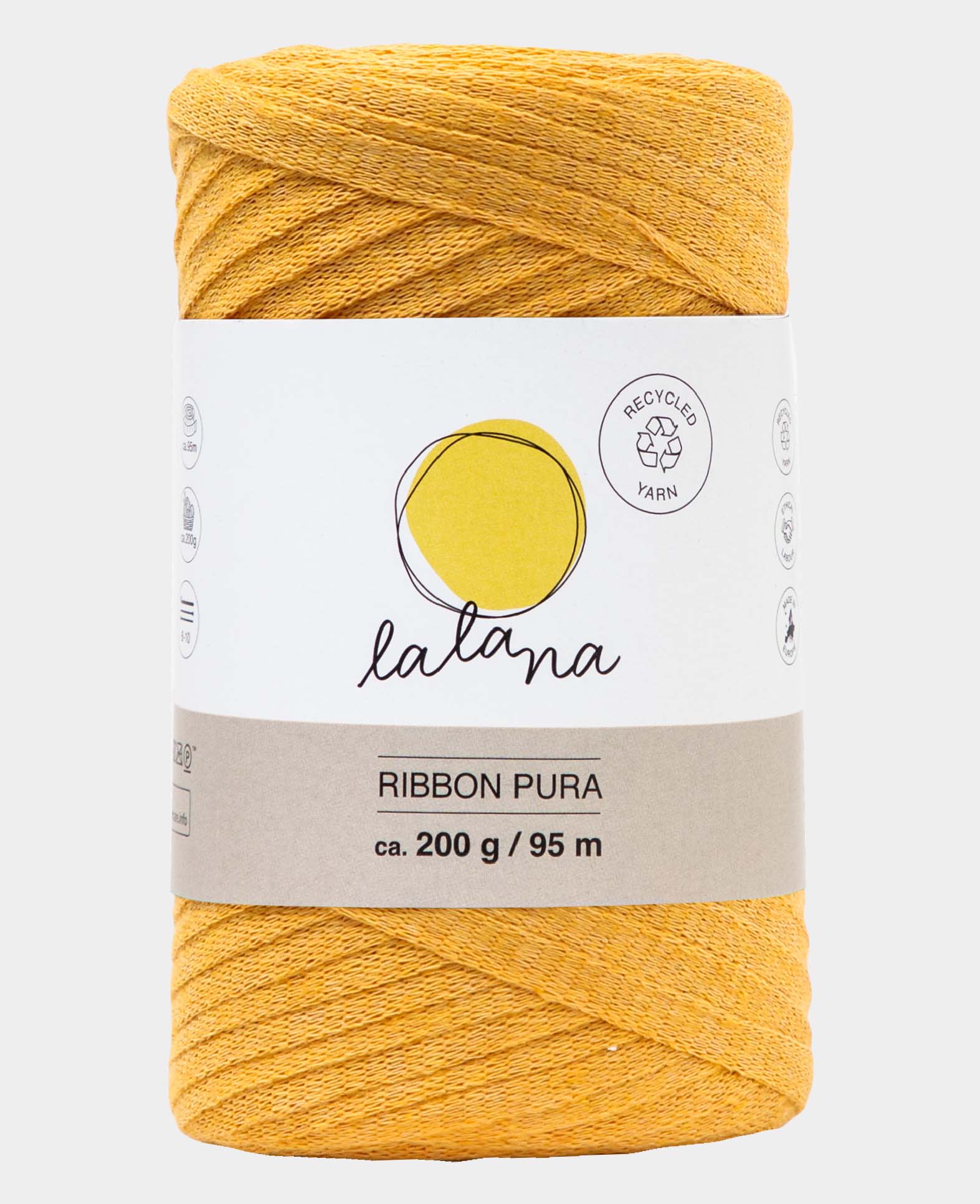 Ribbon Pura mustard, Lalana Bandgarn zum Häkeln, Stricken, Knüpfen & Makramee Projekte, Senfgelb, ca. 8 x 1 mm x 95 m, ca. 200 g