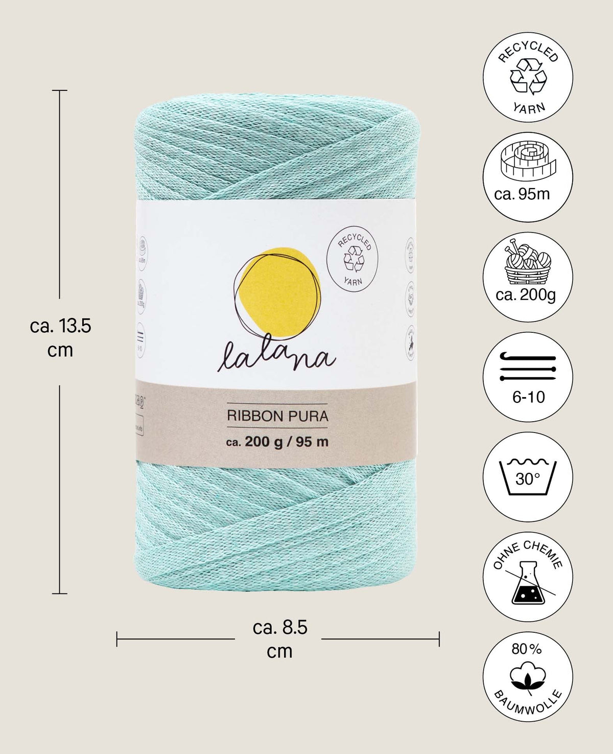 Ribbon Pura mint, Lalana Bandgarn zum Häkeln, Stricken, Knüpfen & Makramee Projekte, Mintgrün, ca. 8 x 1 mm x 95 m, ca. 200 g