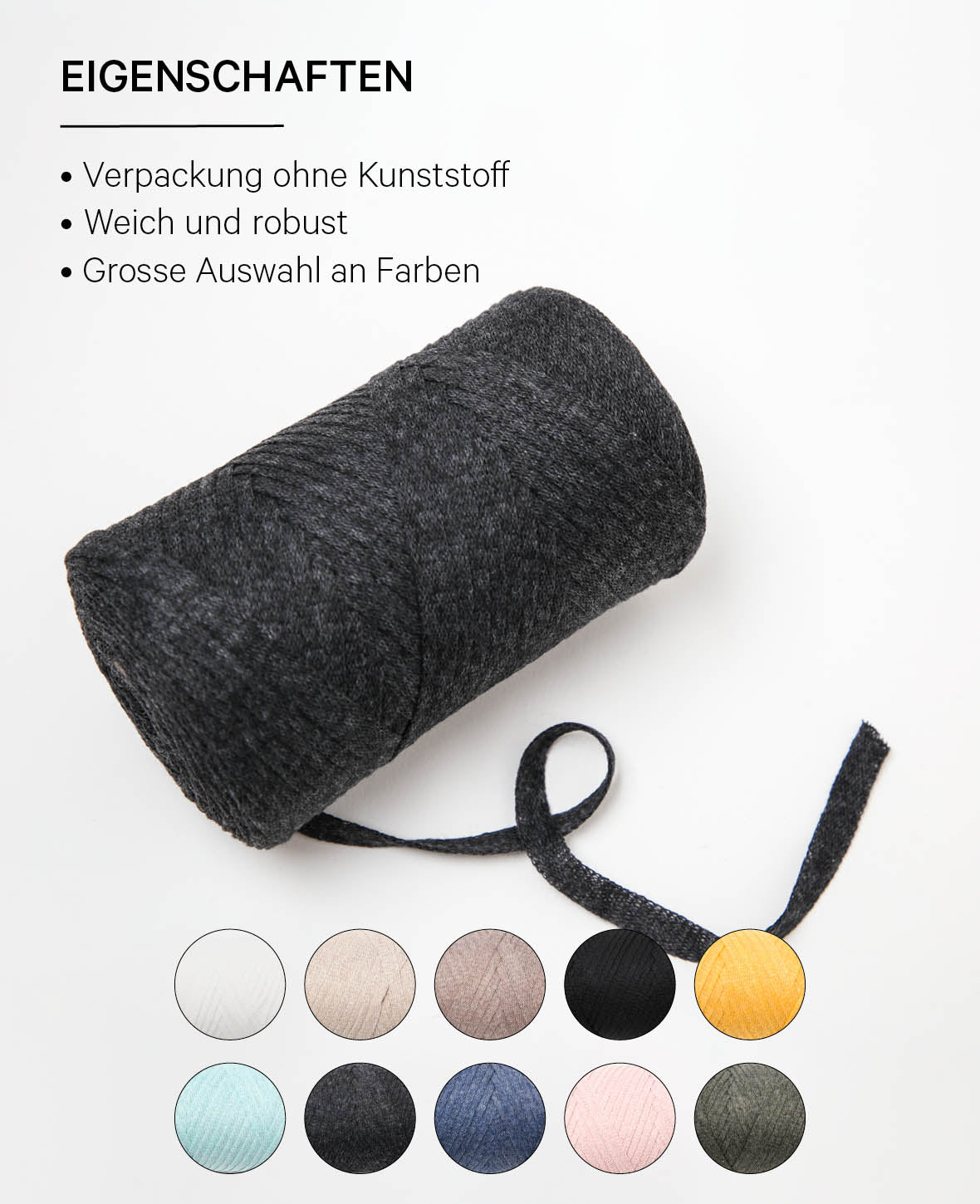 Ribbon Pura anthrazite, Lalana Bandgarn zum Häkeln, Stricken, Knüpfen & Makramee Projekte, Dunkelgrau, ca. 8 x 1 mm x 95 m, ca. 200 g