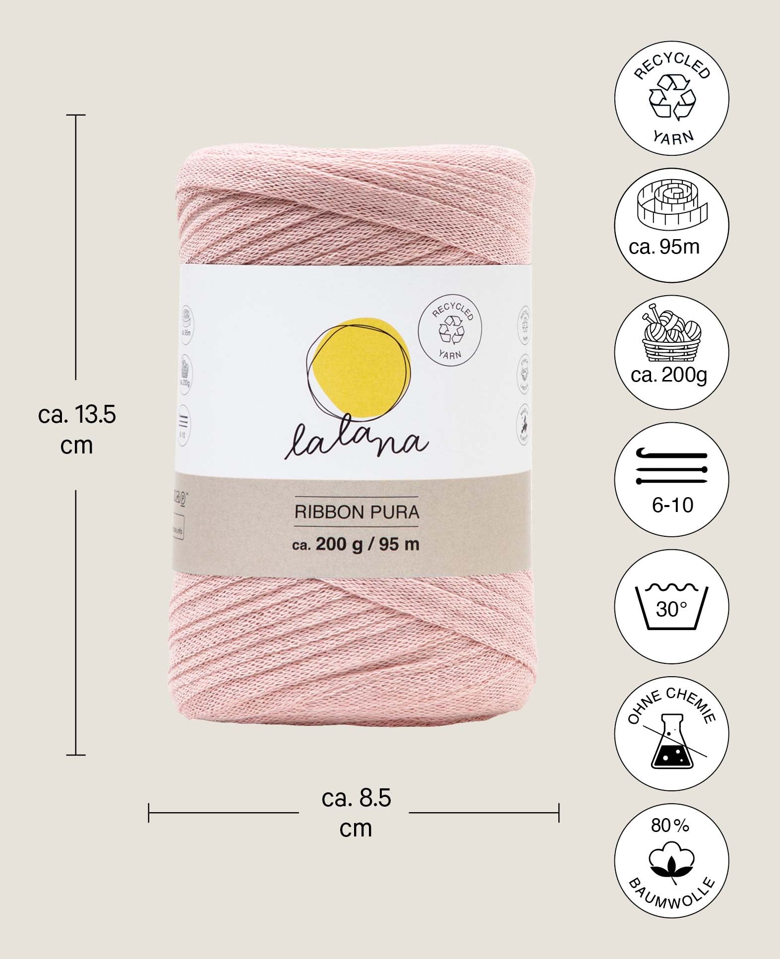 Ribbon Pura powder, Lalana ribbon yarn for crochet, knitting, knotting & macrame projects, pink, approx. 8 x 1 mm x 95 m, approx. 200 g