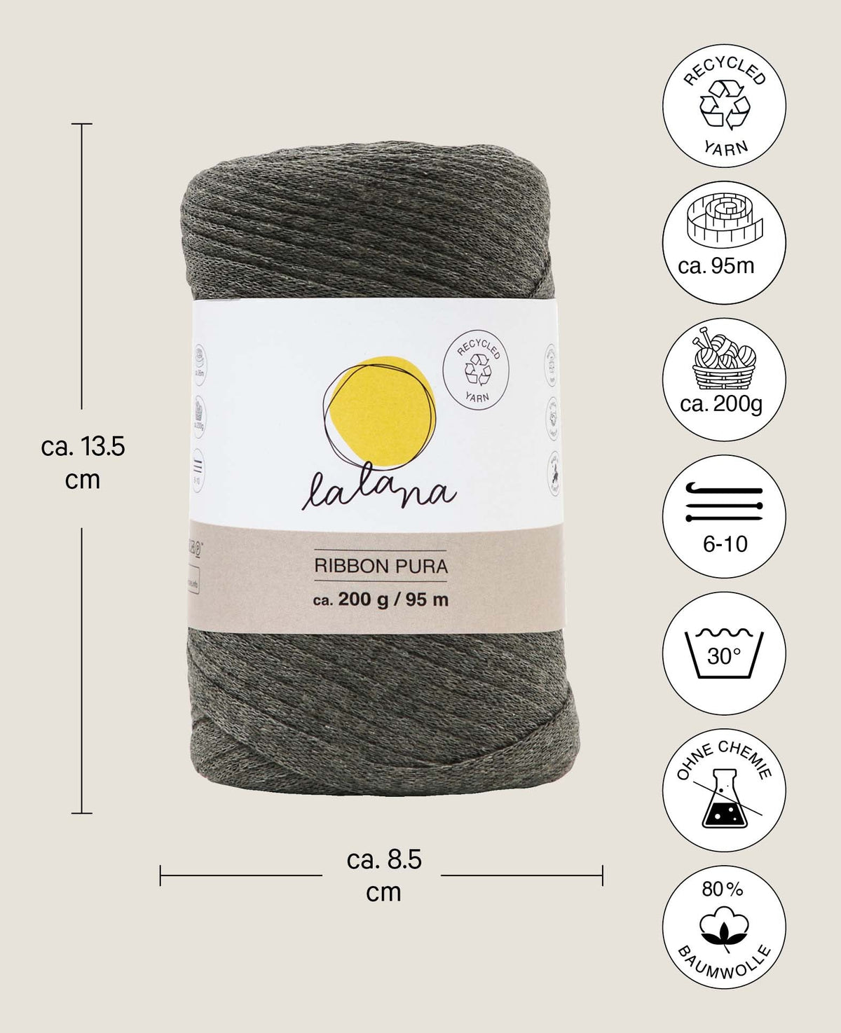 Ribbon Pura khaki, Lalana Bandgarn zum Häkeln, Stricken, Knüpfen & Makramee Projekte, Erdfarbe, ca. 8 x 1 mm x 95 m, ca. 200 g
