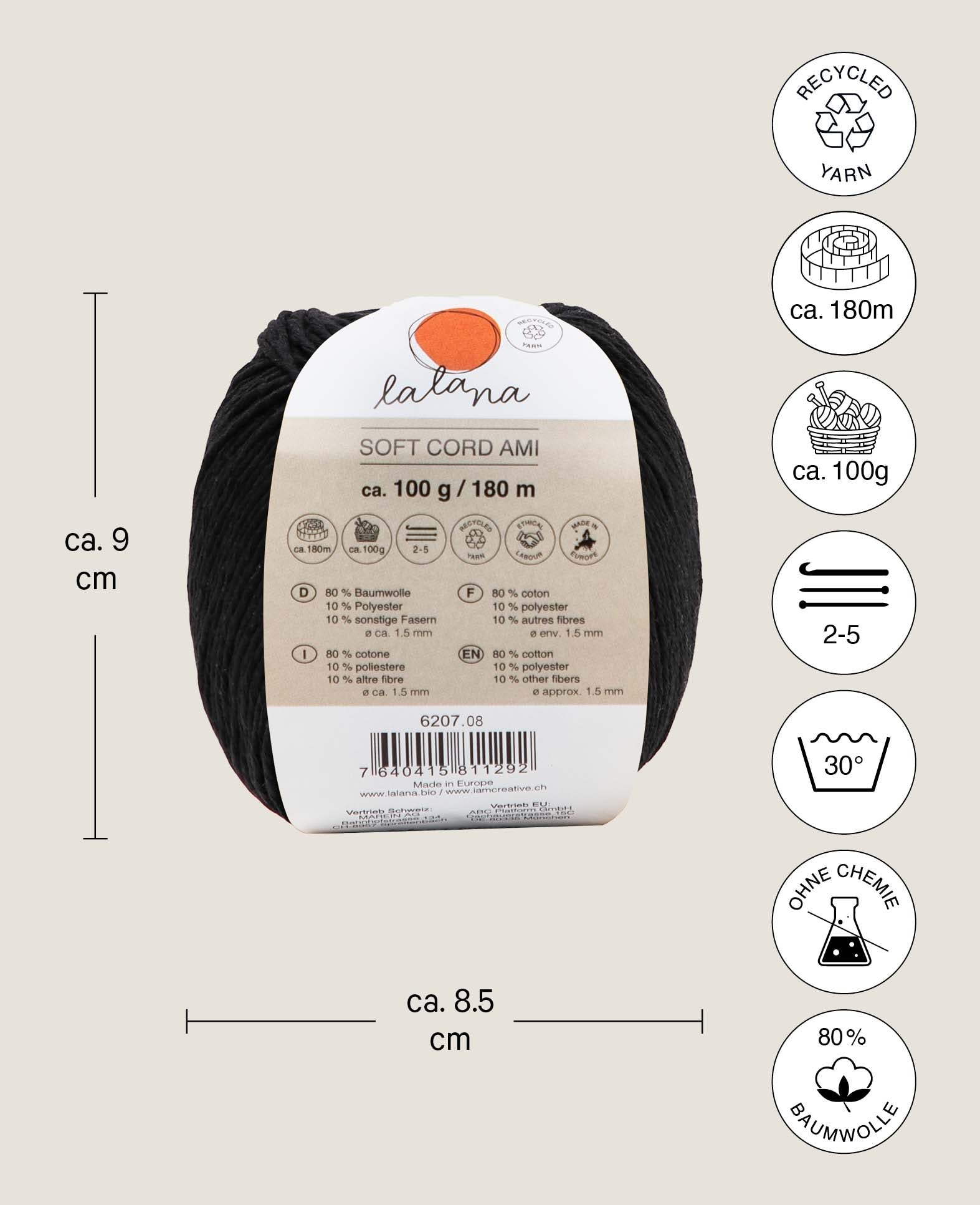 Soft Cord Ami noir, fil standard Lalana, noir, environ 1,5 mm x 180 m, environ 100 g