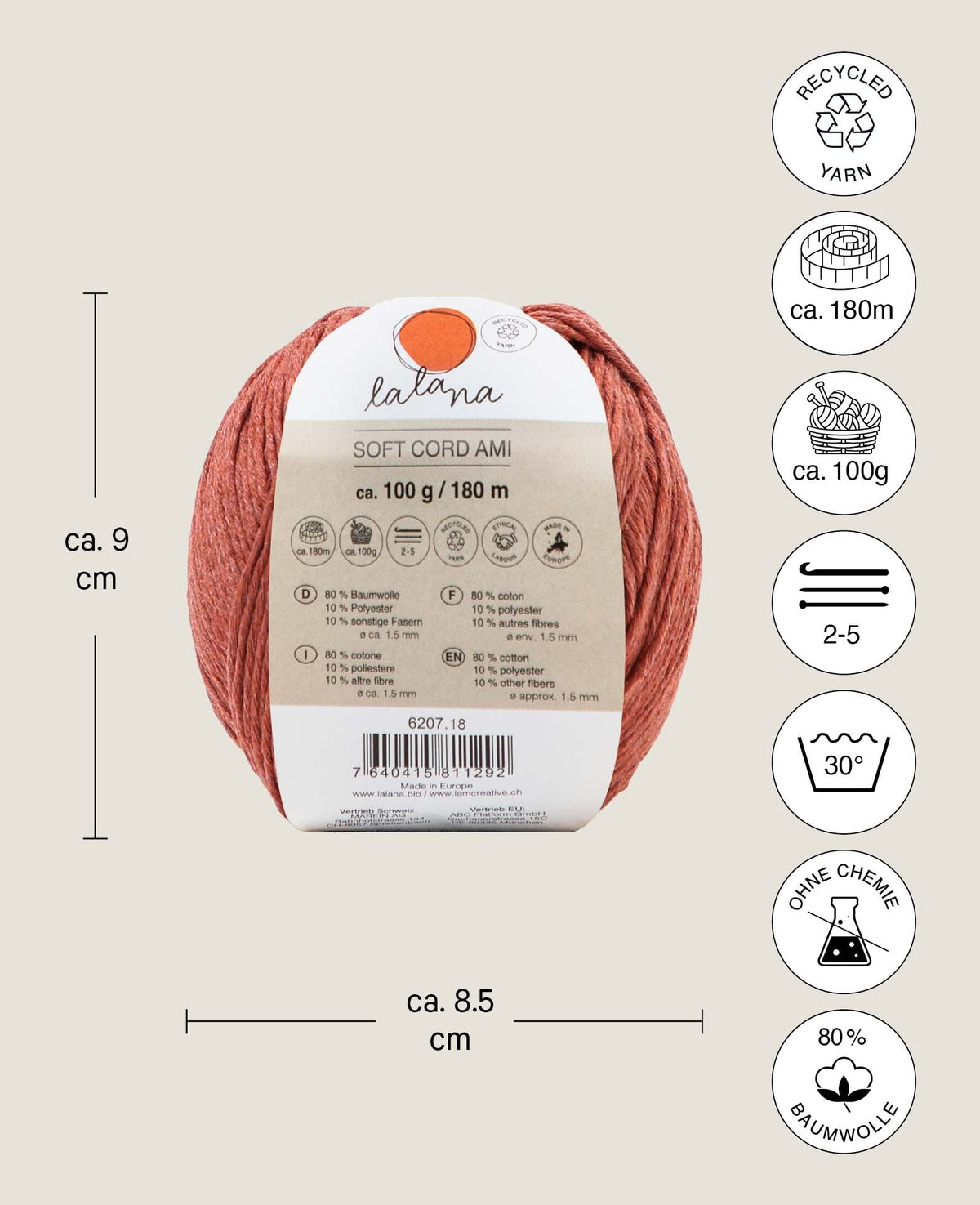 Soft Cord Ami rusty, Lalana Standardgarn, Rostrot, ca. 1.5 mm x 180 m, ca. 100 g