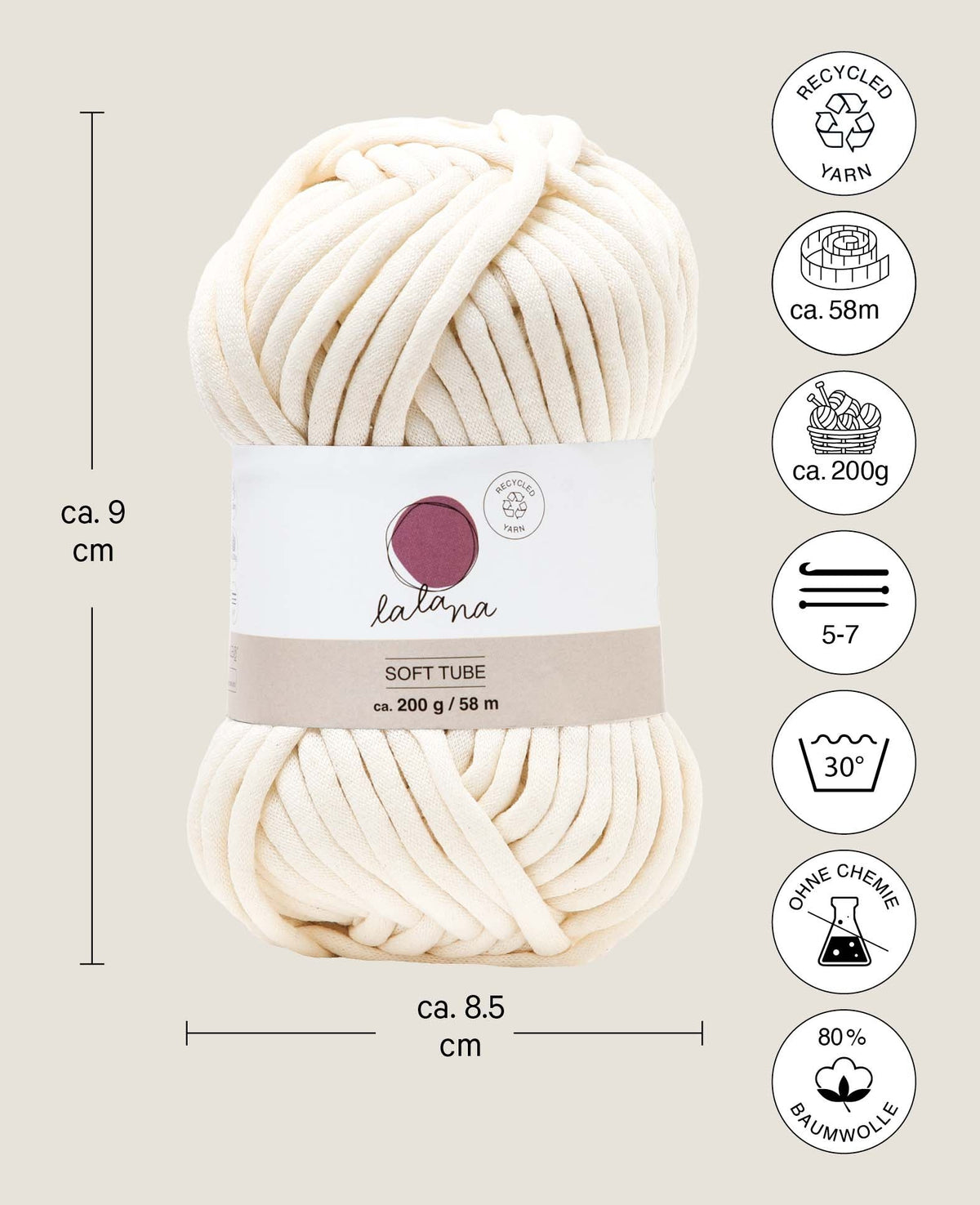 Soft Tube cream, Lalana Schlauchgarn zum Häkeln, Stricken, Knüpfen & Makramee Projekte, Cremefarbe, ca. 6 mm x 58 m, ca. 200 g