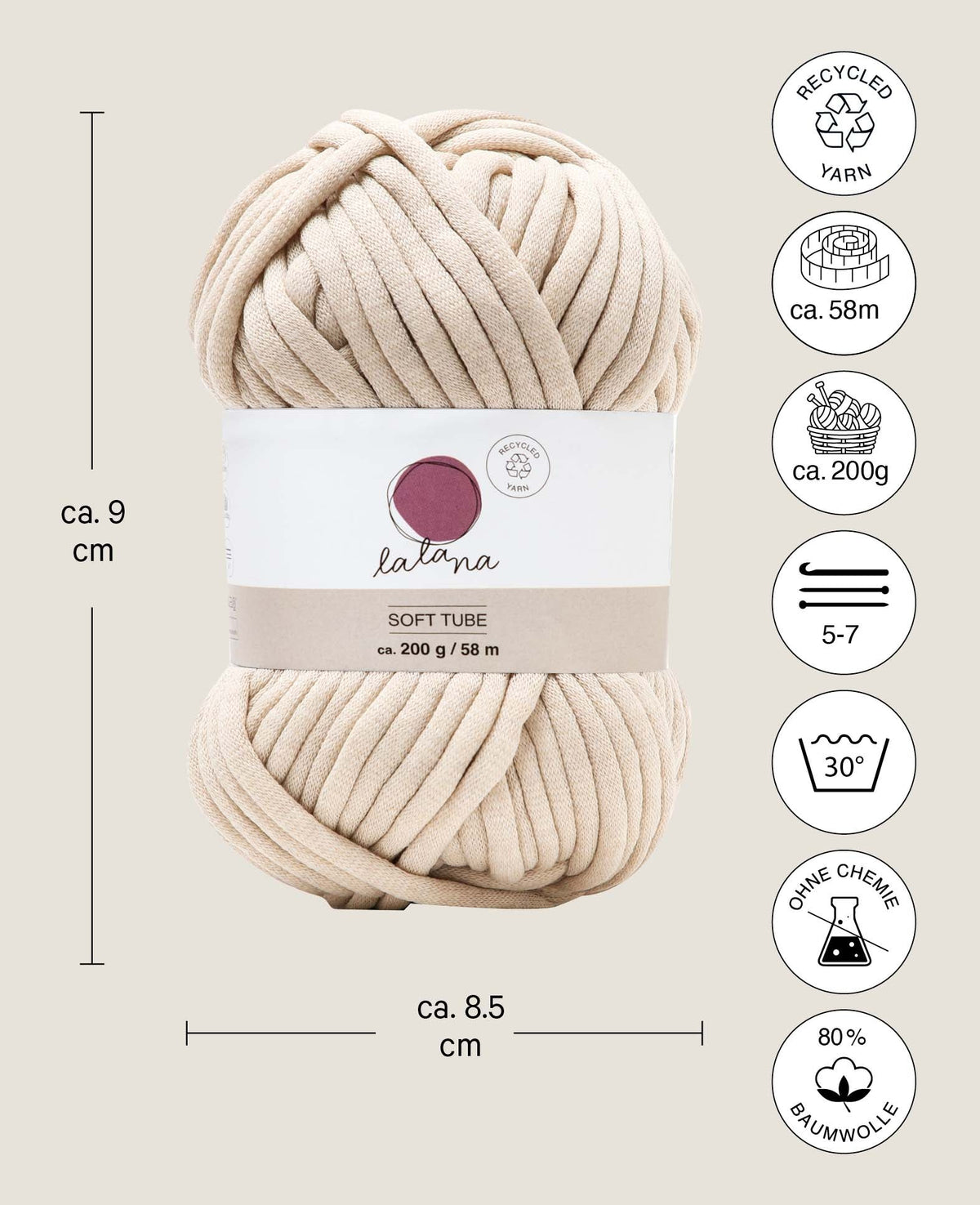 Soft Tube beige, Lalana Schlauchgarn zum Häkeln, Stricken, Knüpfen & Makramee Projekte, Beige, ca. 6 mm x 58 m, ca. 200 g