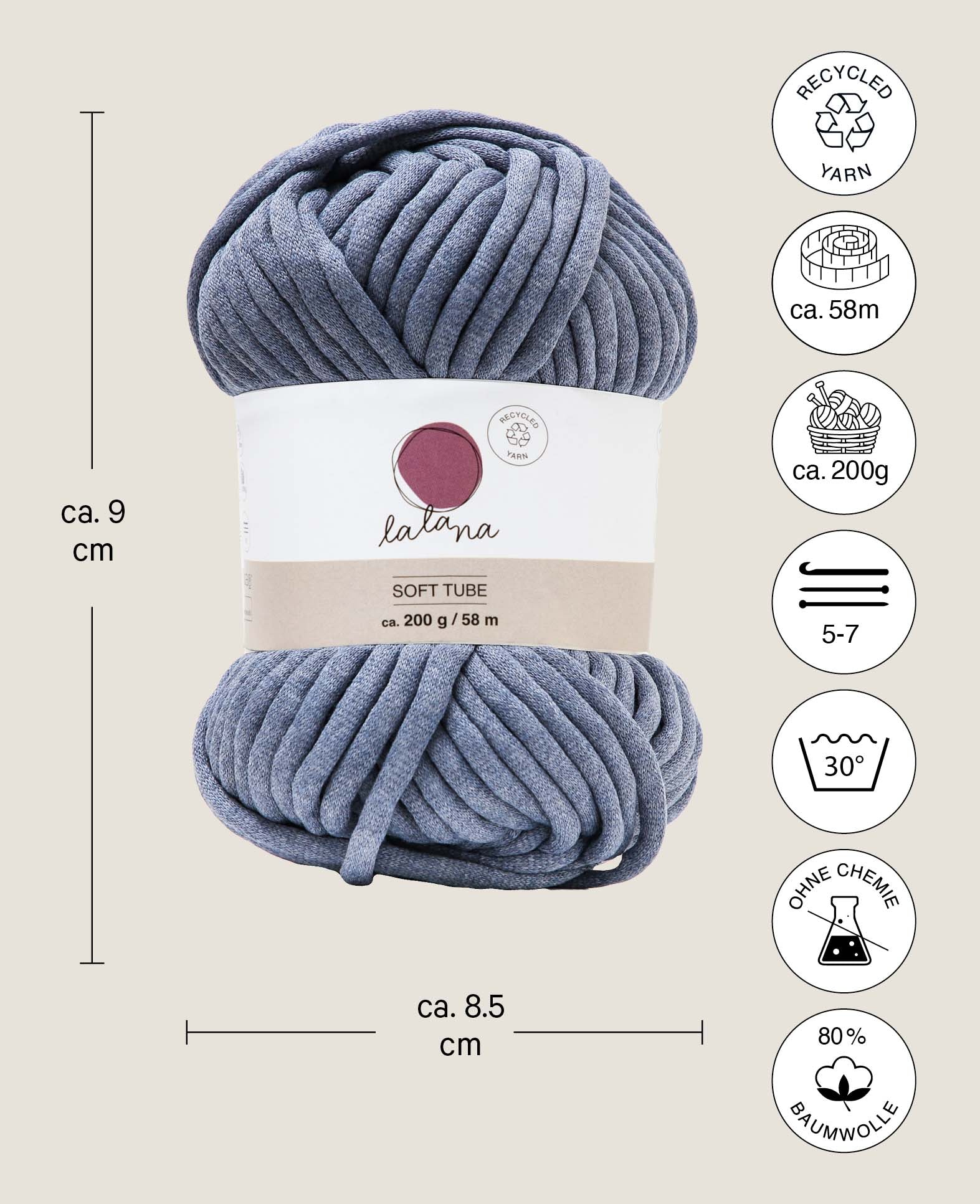 Soft Tube indigo, Lalana Schlauchgarn zum Häkeln, Stricken, Knüpfen & Makramee Projekte, Blaugrau, ca. 6 mm x 58 m, ca. 200 g