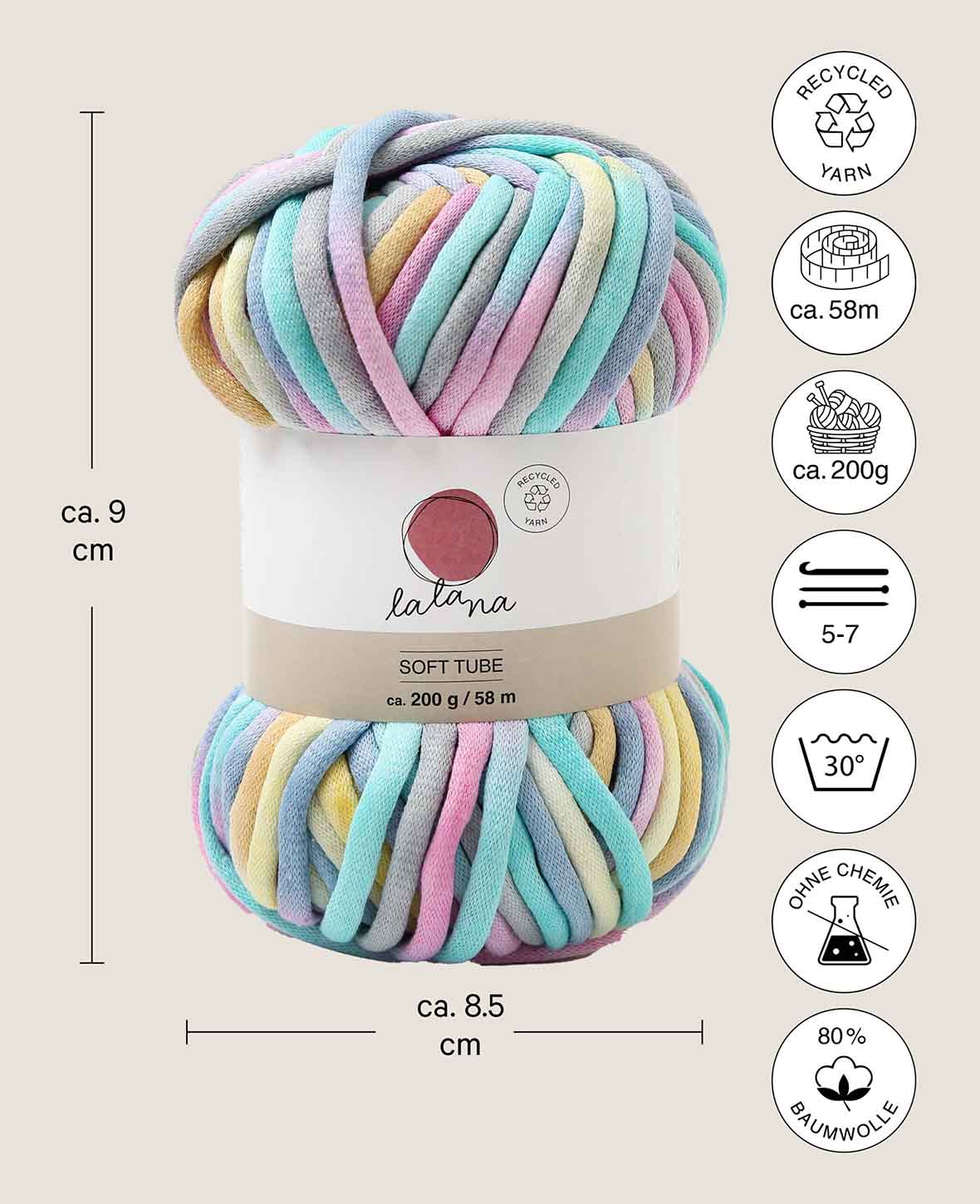 Lalana Soft Tube Rainbow, jaune, turquoise, rose pastel mix, env. 6 mm x 58 m, env. 200 g