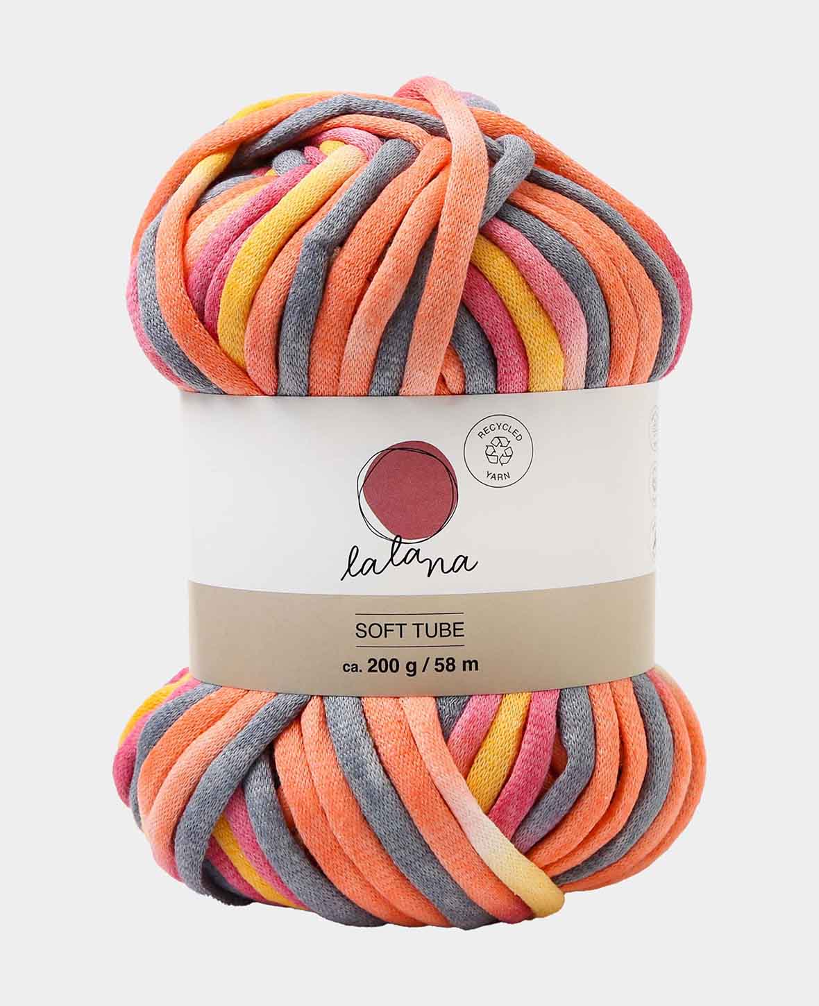 Lalana Soft Tube Rainbow 3, Gelb, Orange, Rosa, Pink, Grau Mix, ca. 6 mm x 58 m, ca. 200 g