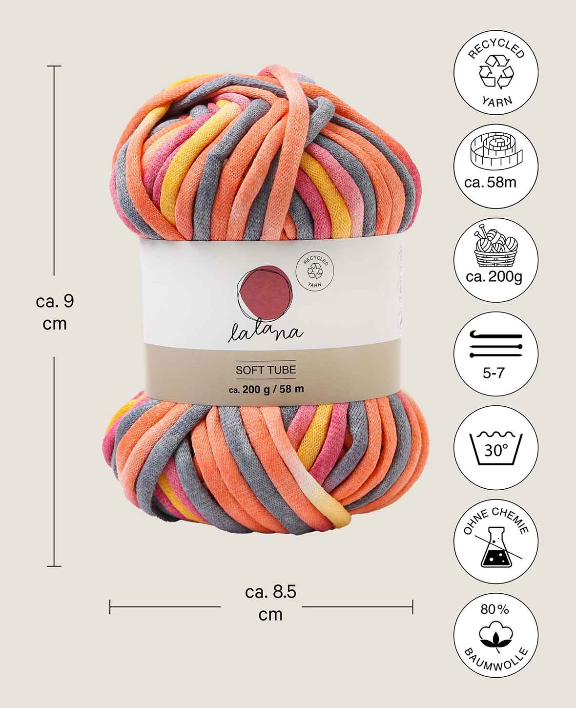 Lalana Soft Tube Rainbow 3, Gelb, Orange, Rosa, Pink, Grau Mix, ca. 6 mm x 58 m, ca. 200 g