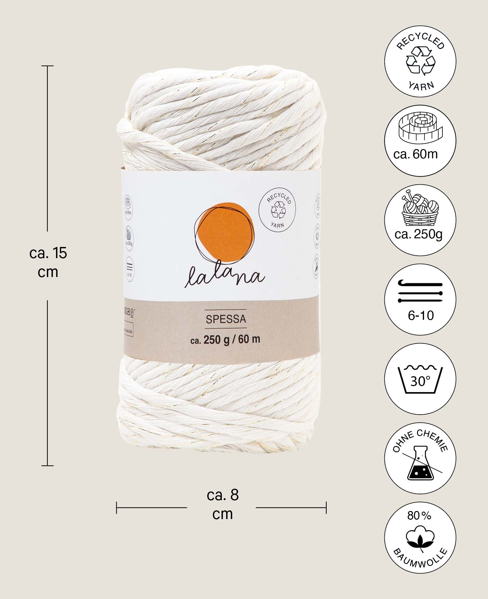 Spessa cream gold, Lalana Makrameegarn zum Häkeln, Stricken, Knüpfen & Makramee Projekte, Creme- & Goldfarbe, ca. 5 mm x 60 m, ca. 250 g