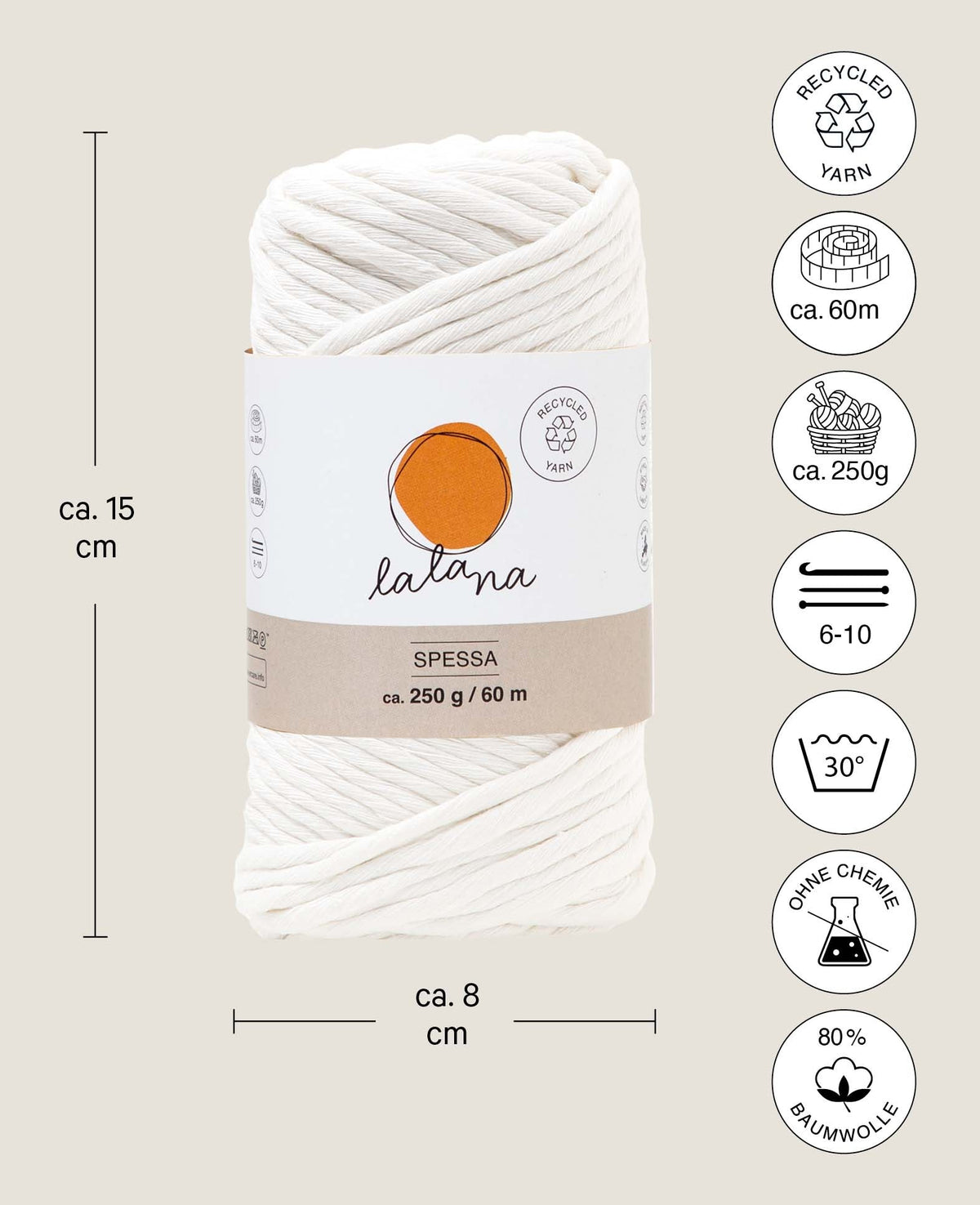 Spessa cream, Lalana Makrameegarn, Cremefarbe, ca. 5 mm x 60 m, ca. 250 g