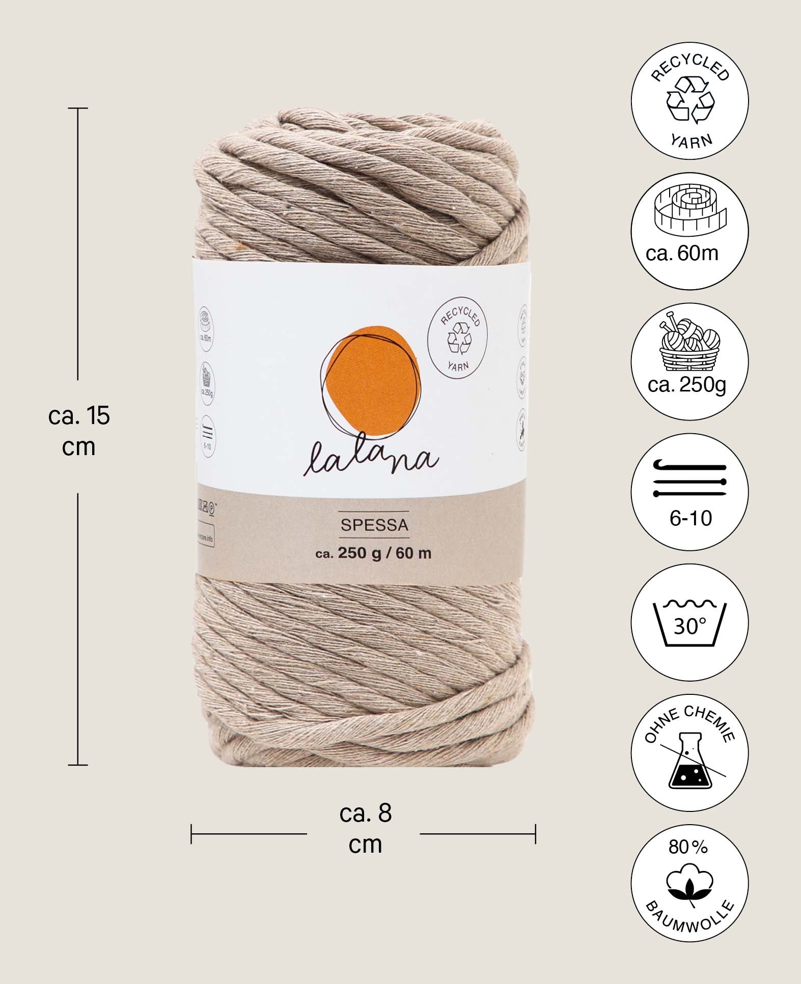 Spessa beige, Lalana Macrame Yarn for Crocheting, Knitting, Knotting & Macrame Projects, Beige, approx. 5 mm x 60 m, approx. 250 g