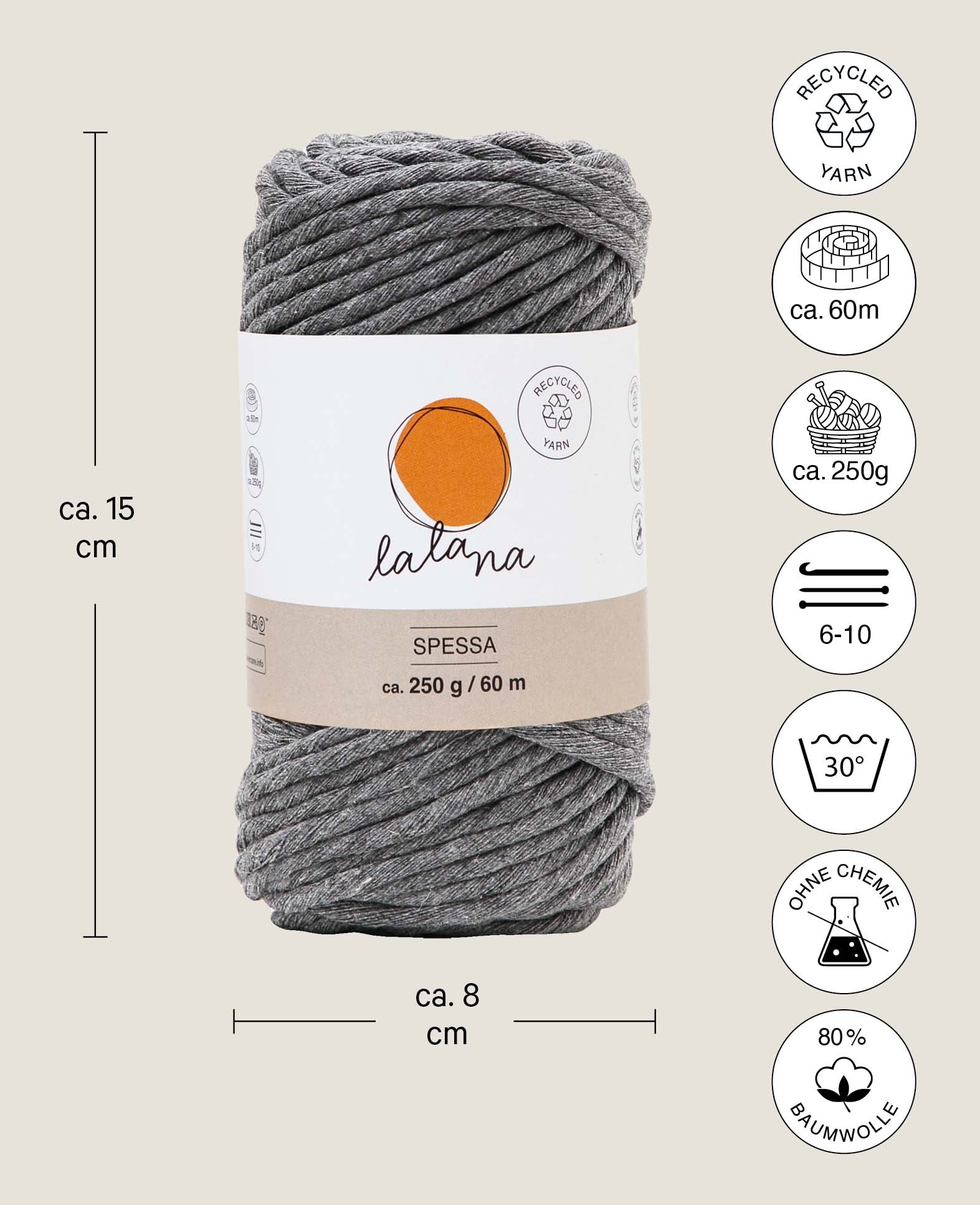 Spessa gris, fil macramé Lalana pour le crochet, le tricot, le nouage et les projets macramé, gris, env. 5 mm x 60 m, env. 250 g