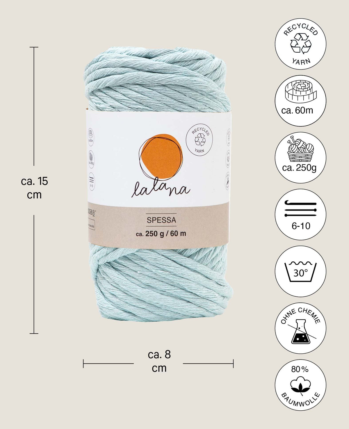 Spessa mint, fil macramé Lalana pour crochet, tricot, nouage et projets macramé, couleur menthe, env. 5 mm x 60 m, env. 250 g