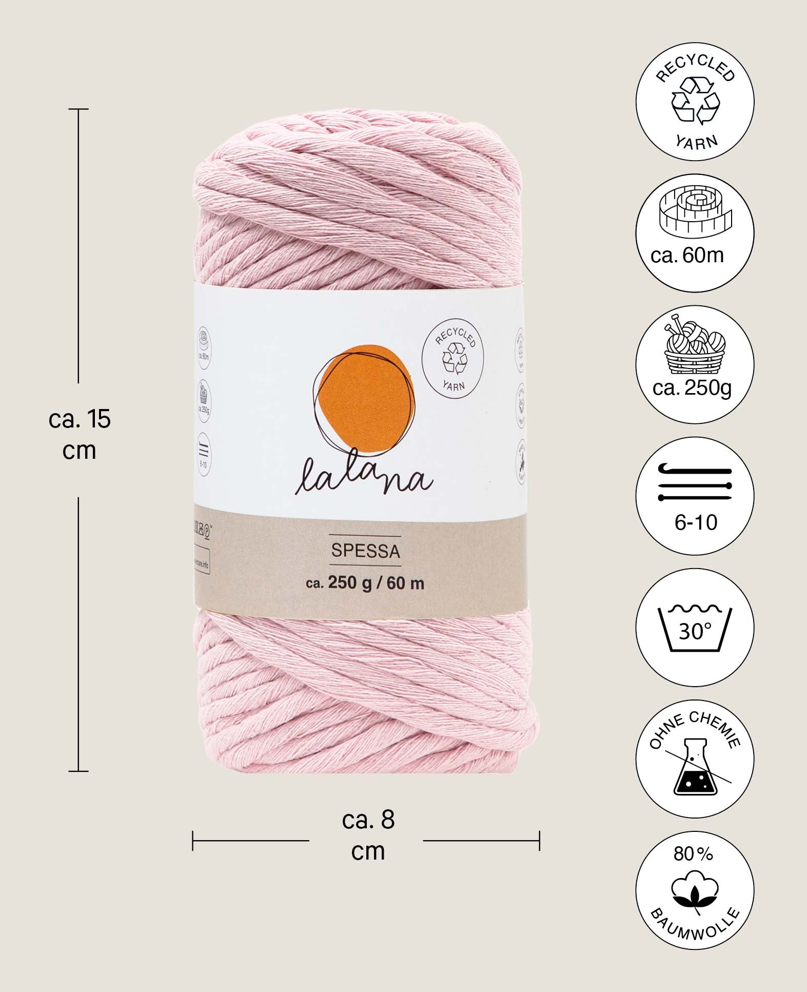 Spessa powder, Lalana Macrame Yarn for Crocheting, Knitting, Knotting & Macrame Projects, Pink, approx. 5 mm x 60 m, approx. 250 g