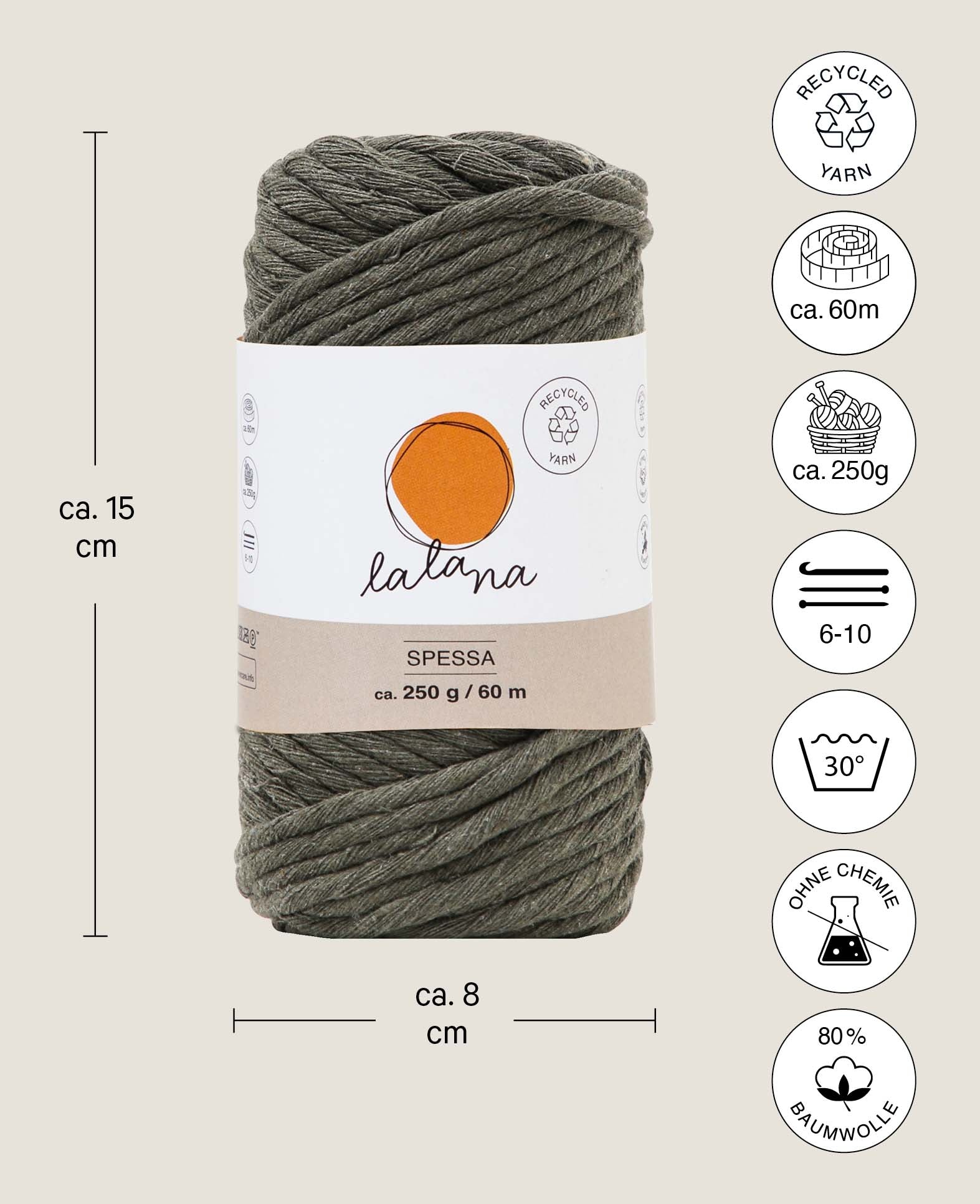 Spessa kaki, Fil macramé pour crochet, tricot, nouage et projets macramé, couleur terre, environ 5 mm x 60 m, environ 250 g