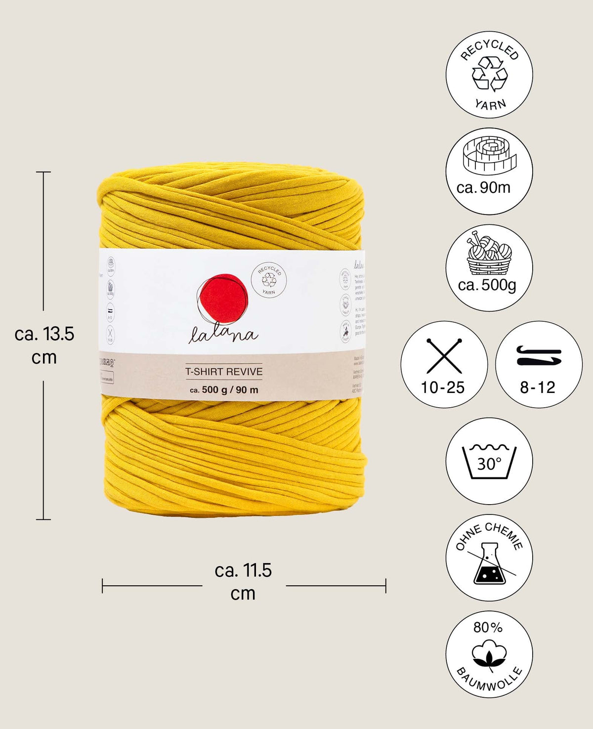 T-shirt Revive, tons moutarde, fil textile Lalana pour crochet, tricot, nouage et projets macramé, jaune moutarde, env. 5 mm x 90 m, env. 500 g