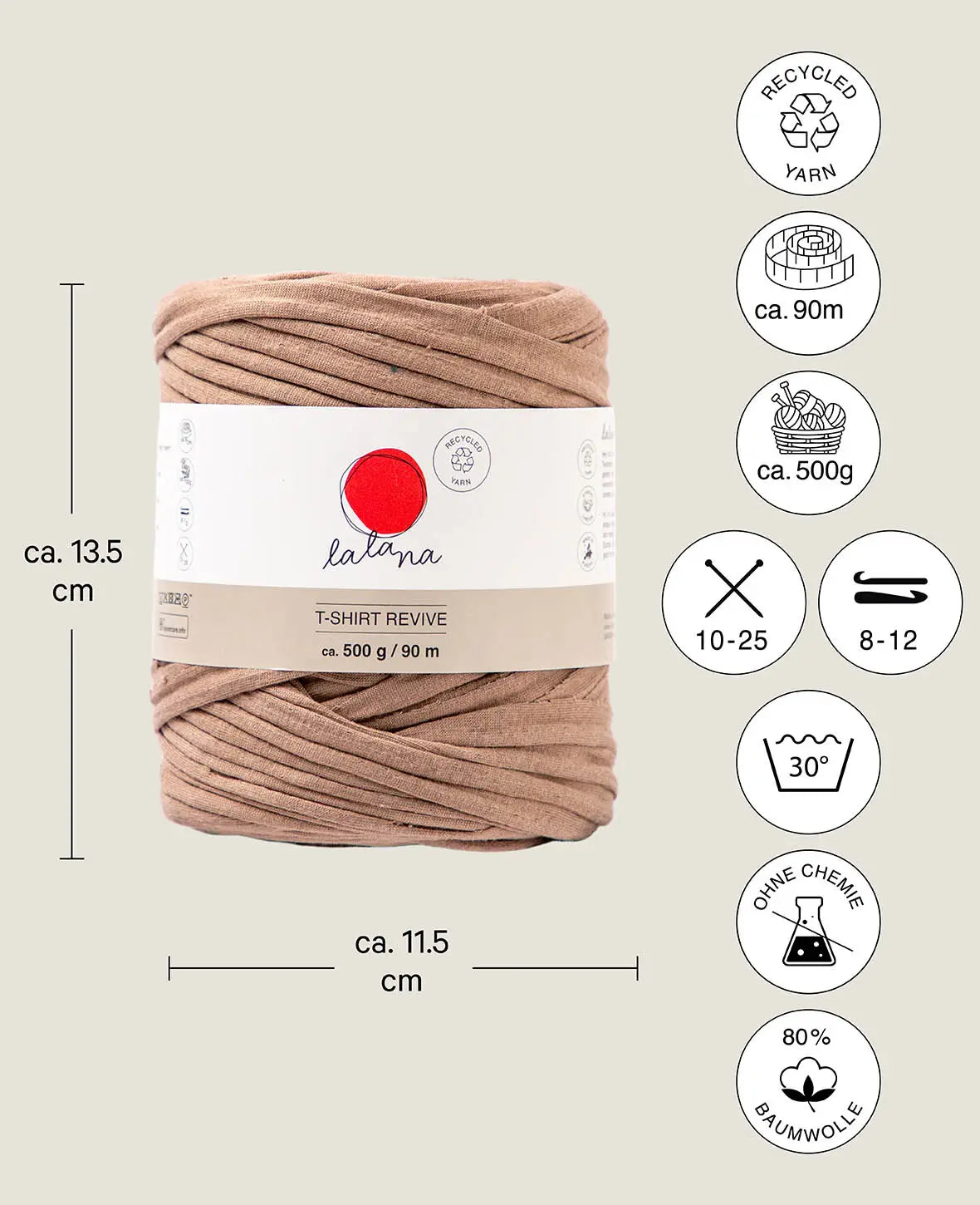 Fil T-Shirt Revive coffee shades, fil textile Lalana pour crochet, tricot, nouage et projets de macramé, marron, env. 5 mm x 90 m, env. 500 g