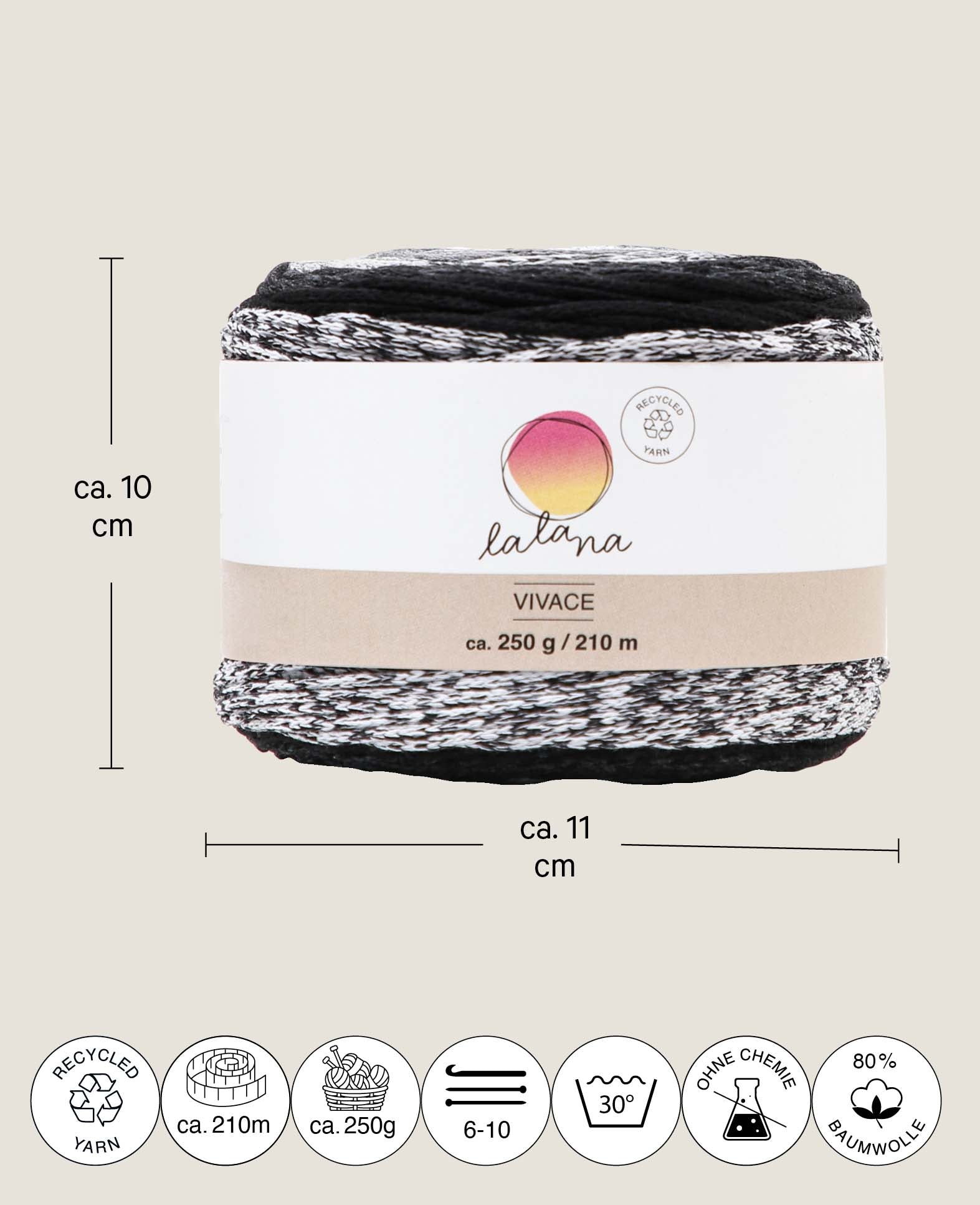 Vivace Lipari, Lalana Textile Yarn for Crocheting, Knitting, Knotting & Macrame Projects, Grey, approx. 2 mm x 210 m, approx. 250 g