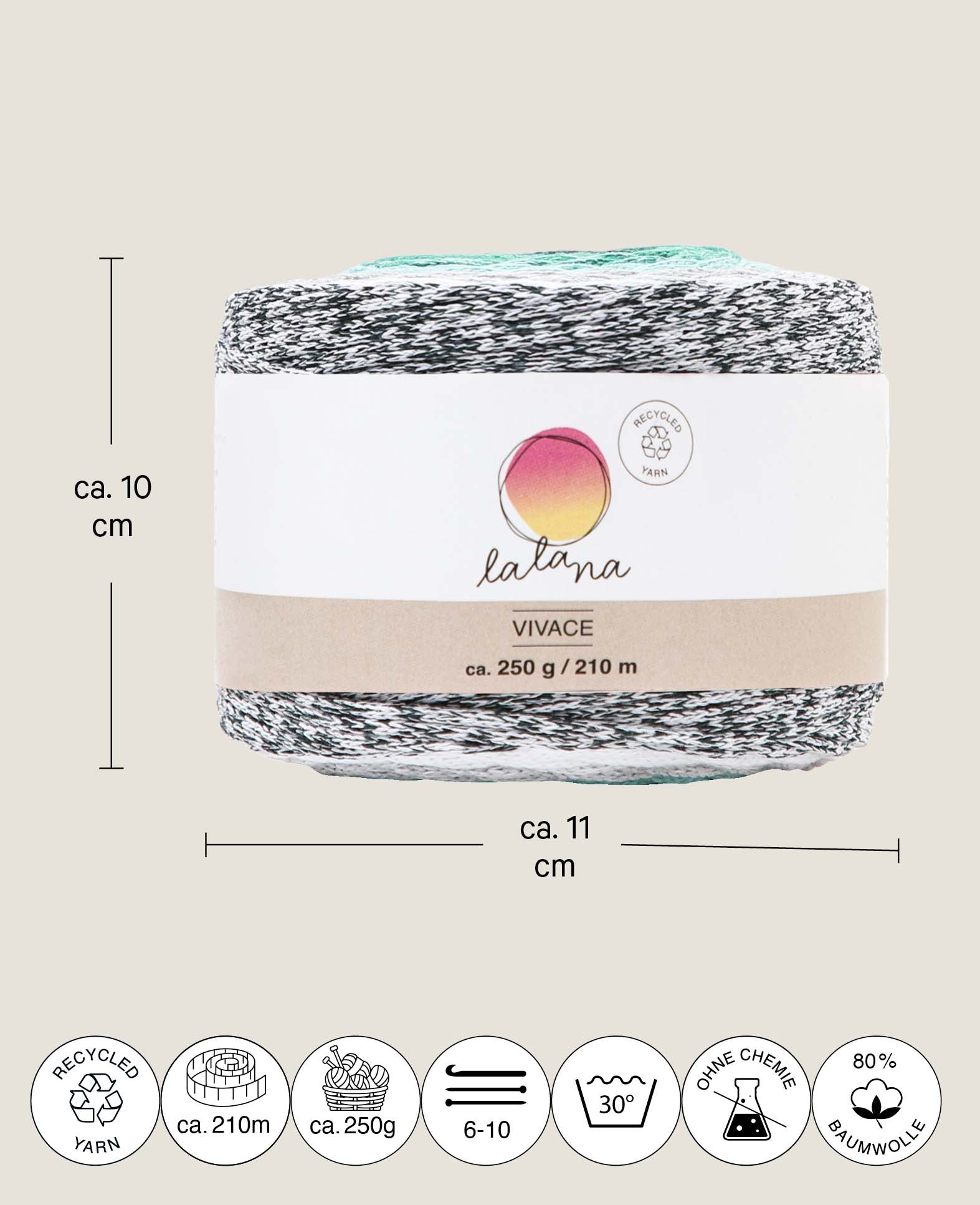 Vivace Sardegna, Lalana Textile Yarn for Crocheting, Knitting, Knotting & Macrame Projects, Colorful, approx. 2 mm x 210 m, approx. 250 g