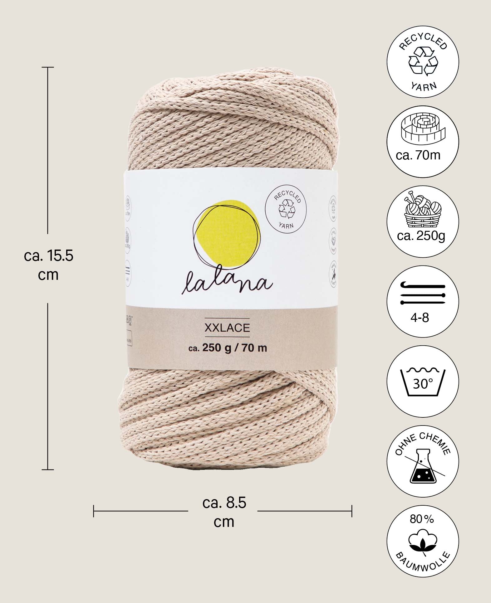 XXlace beige, fil chaîne Lalana pour le crochet, le tricot, le nouage et les projets de macramé, beige, env. 3 mm x 70 m, env. 200 g
