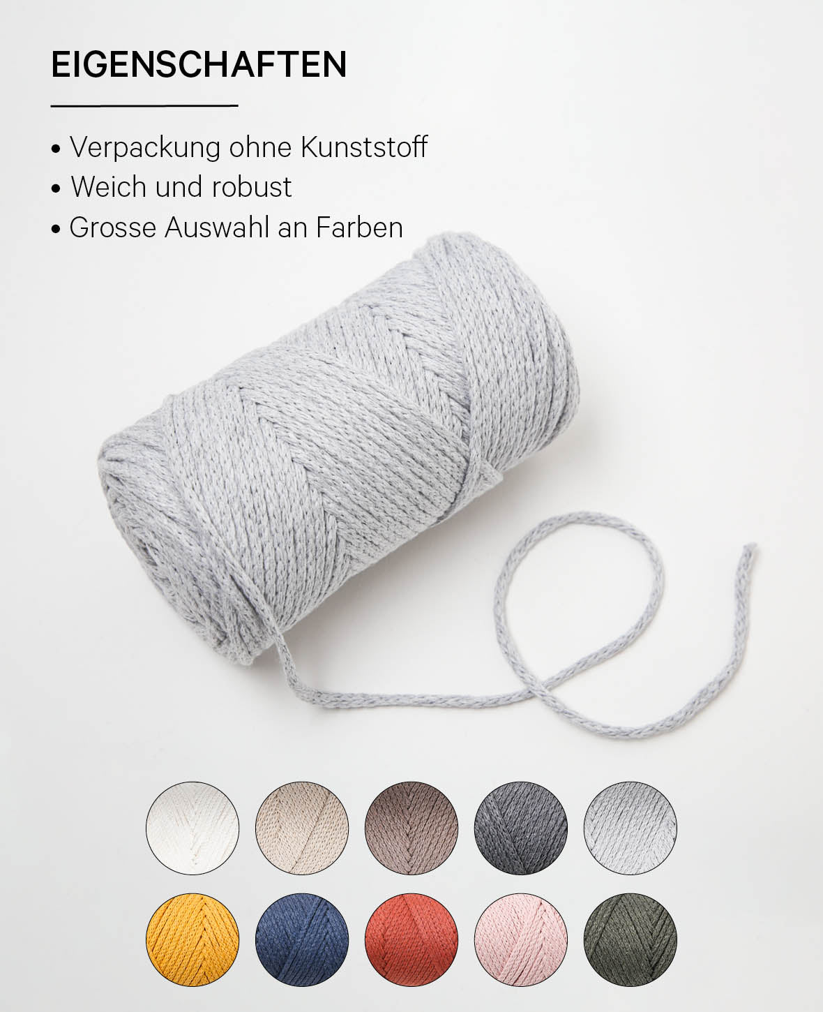 XXlace light grey, Lalana Kettengarn zum Häkeln, Stricken, Knüpfen & Makramee Projekte, Hellgrau, ca. 3 mm x 70 m, ca. 200 g